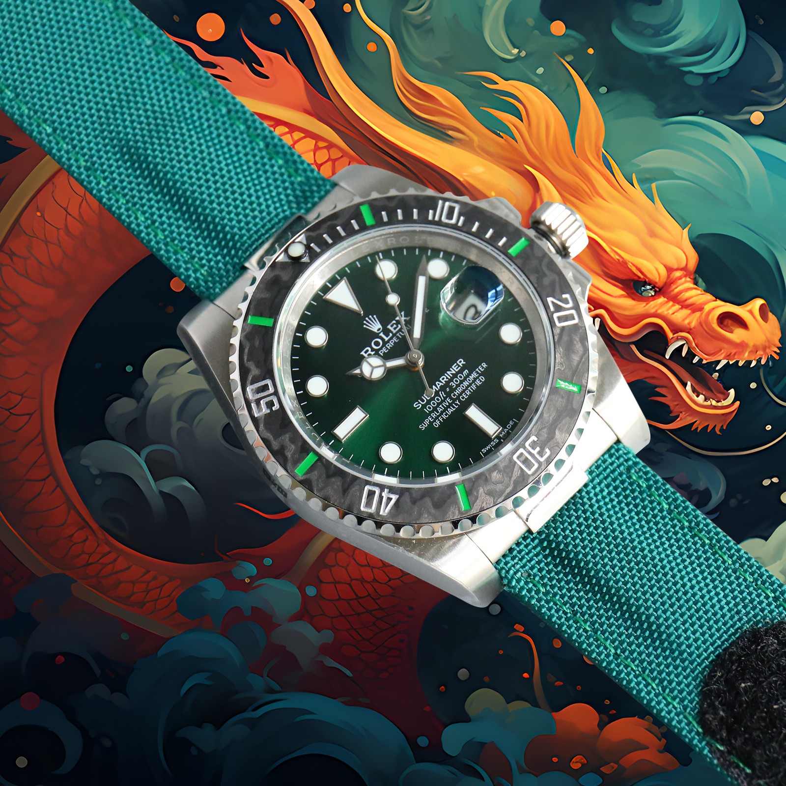 ROLEX Year of the Dragon Auspicious 🔥 🔥 Submariner Carbon Fiber Bezel - Velcro Strap - Green(1:1 replica)