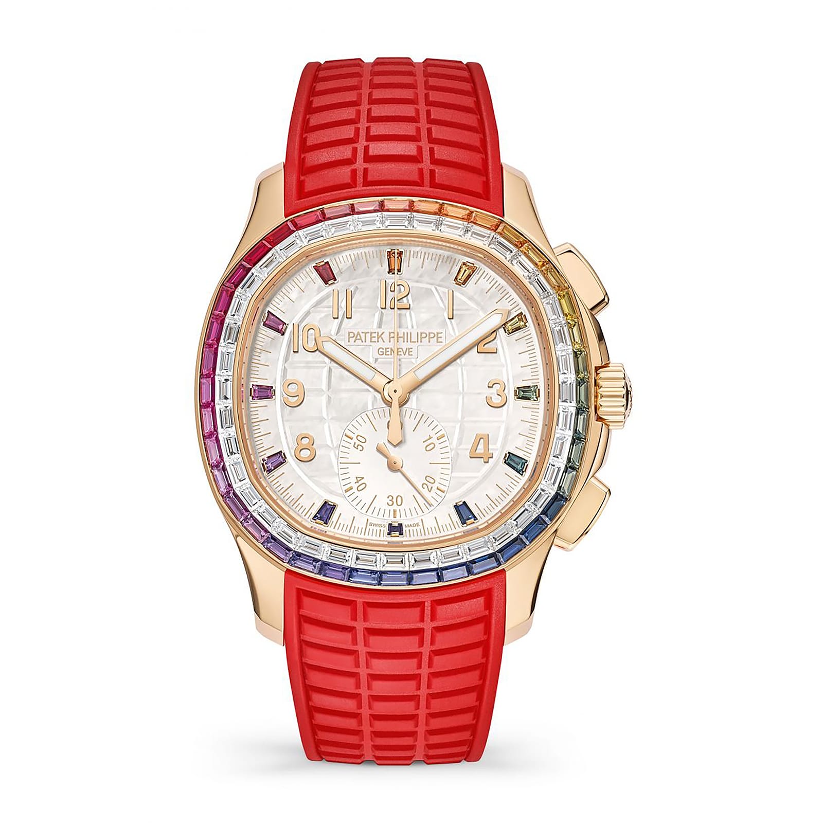 Fake Patek Philippe Replica Watch Aquanaut Luce Rainbow Chronograph Rose Gold Diamond/Gems Mother of Pearl Sapphire 7968/300R-001(1:1 replica)