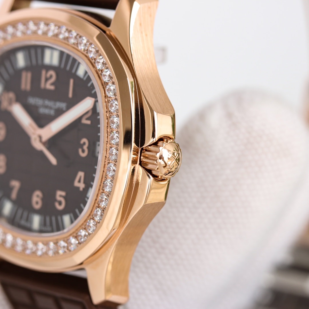 Fake Patek Philippe Replica Watch Aquanaut Ladies Embossed Brown Arabic Diamond Bezel Rose Gold Composite 35.6mm 5068R-001 TWF(1:1 replica)