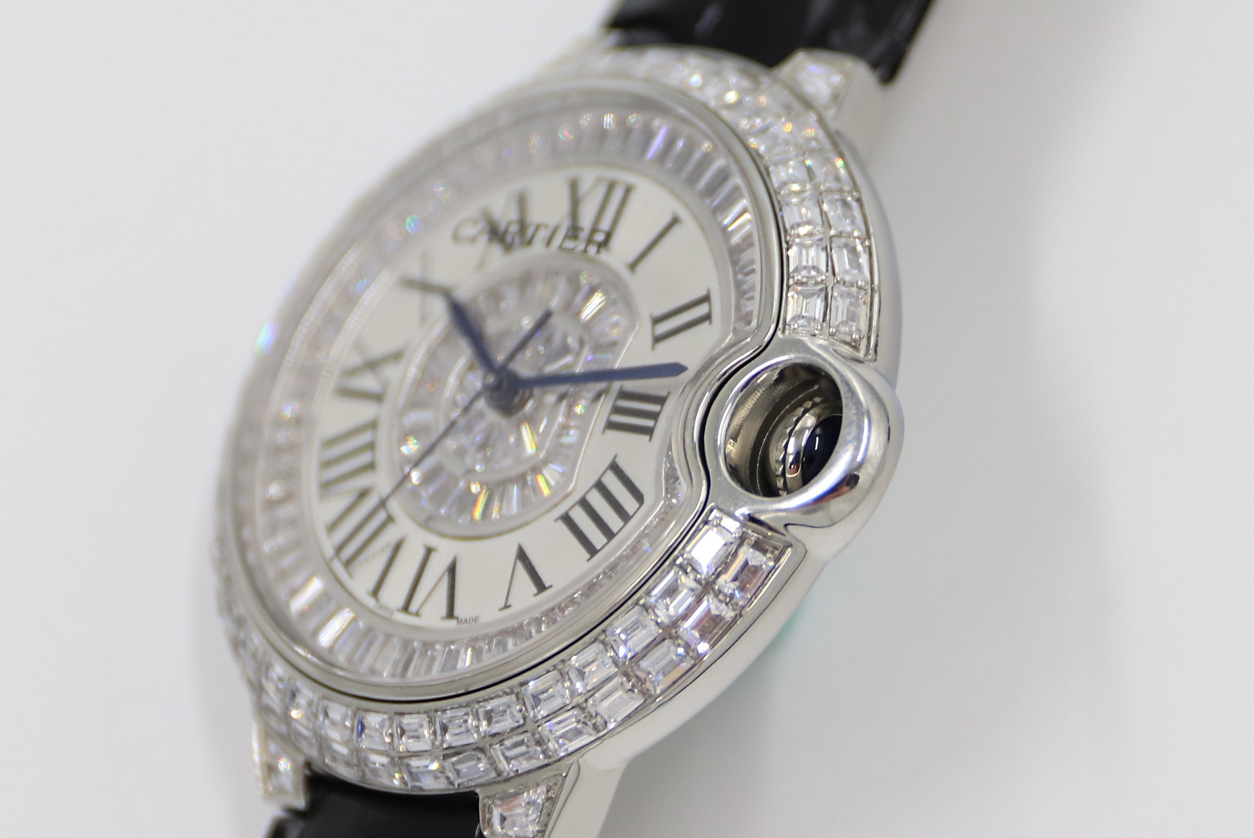 Cartier Blue Balloon Square Diamonds Full Sky Watch-Roman Numerals-White-Leather-42mm(1:1 replica)