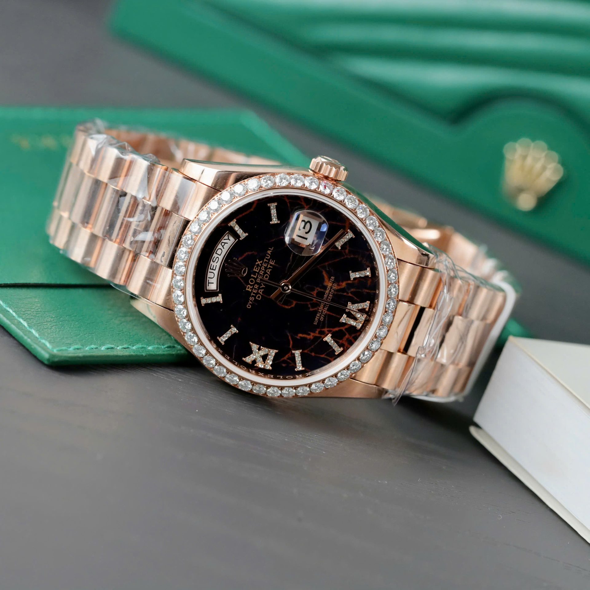 Rolex Day-Date Eisenkiesel Dial Copies Watch Gold Wrapped + Diamonds Moissanite GM Factory 36mm