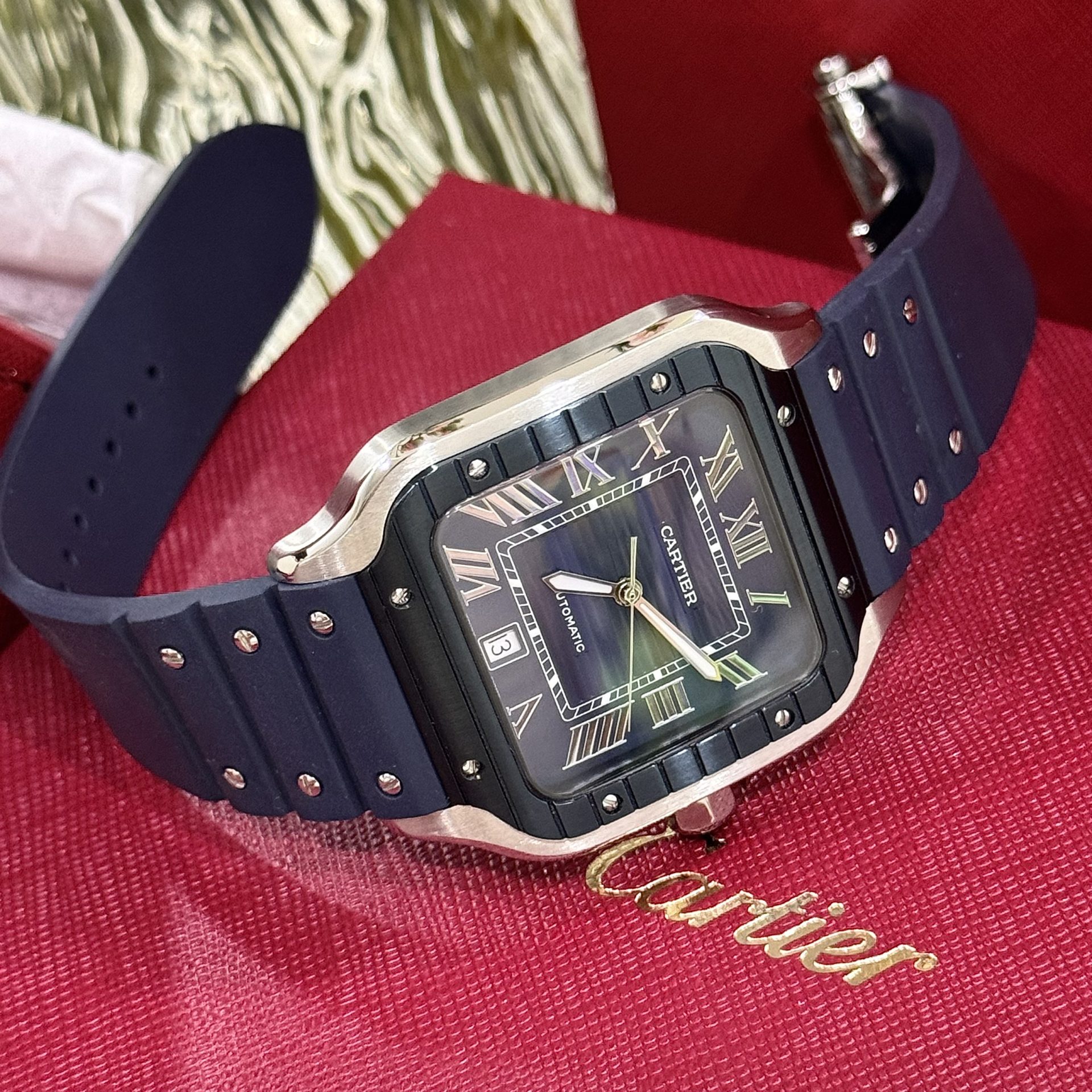 Cartier Santos Replica 1:1 Watch Rubber Blue Strap BV Factory 39.8mm