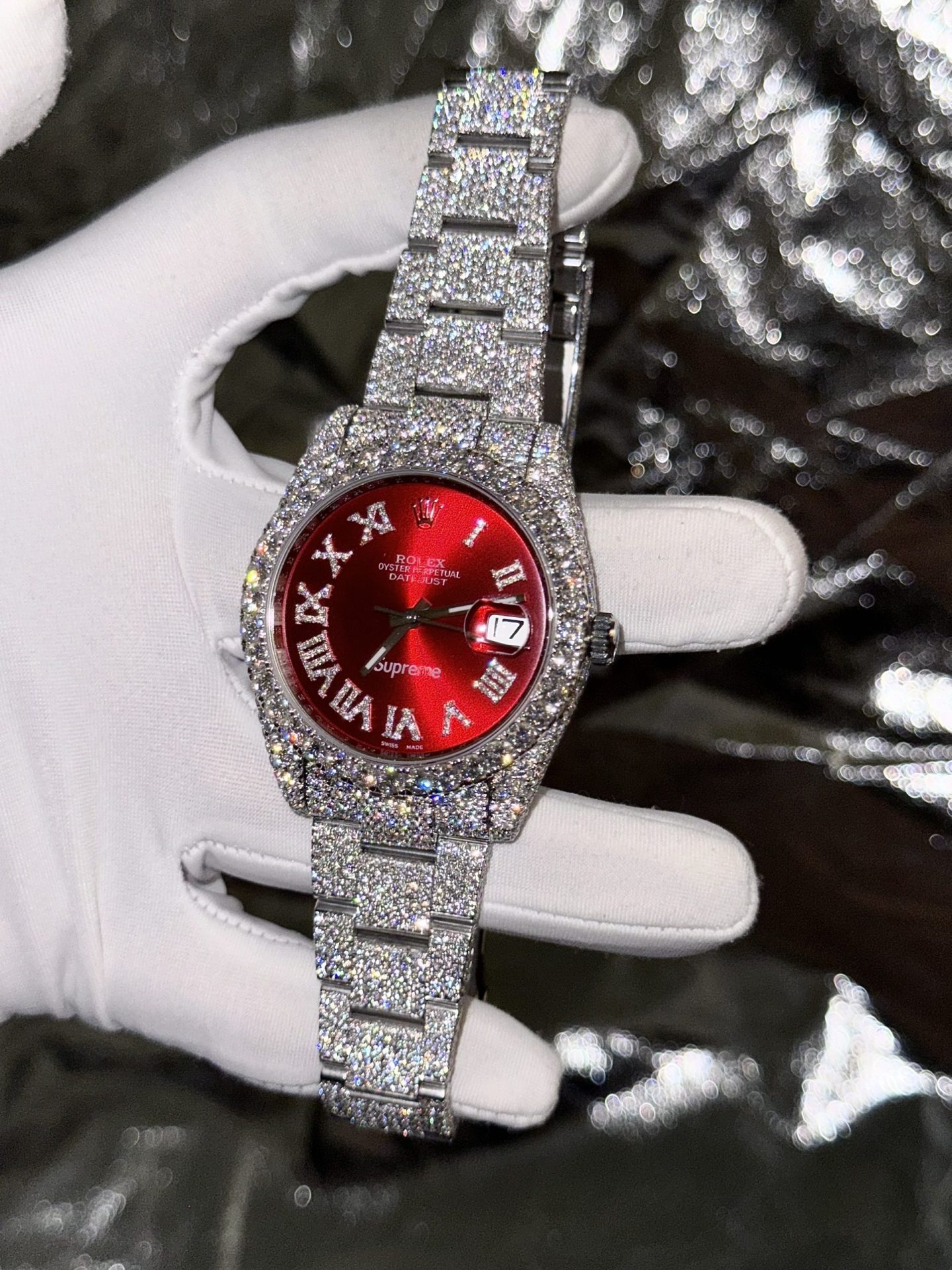 Rolex Best Replica Watch DateJust Supreme Custom Moissanite Diamonds Red Dial 41mm