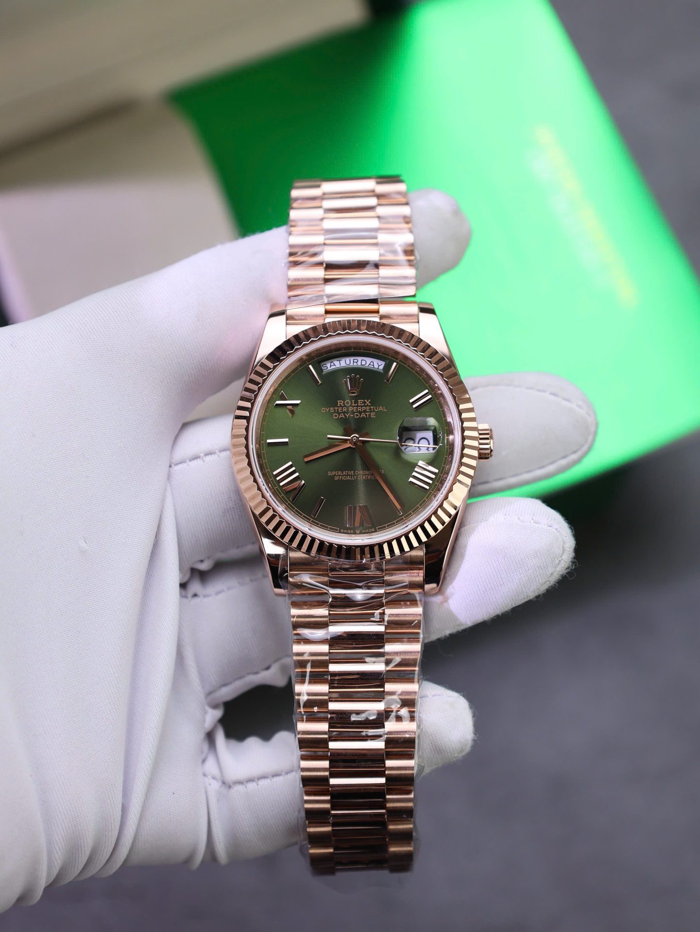 Rolex Day-Date Green Dial Replica Watch Gold Wrapped Weight 186Gram QF 40mm
