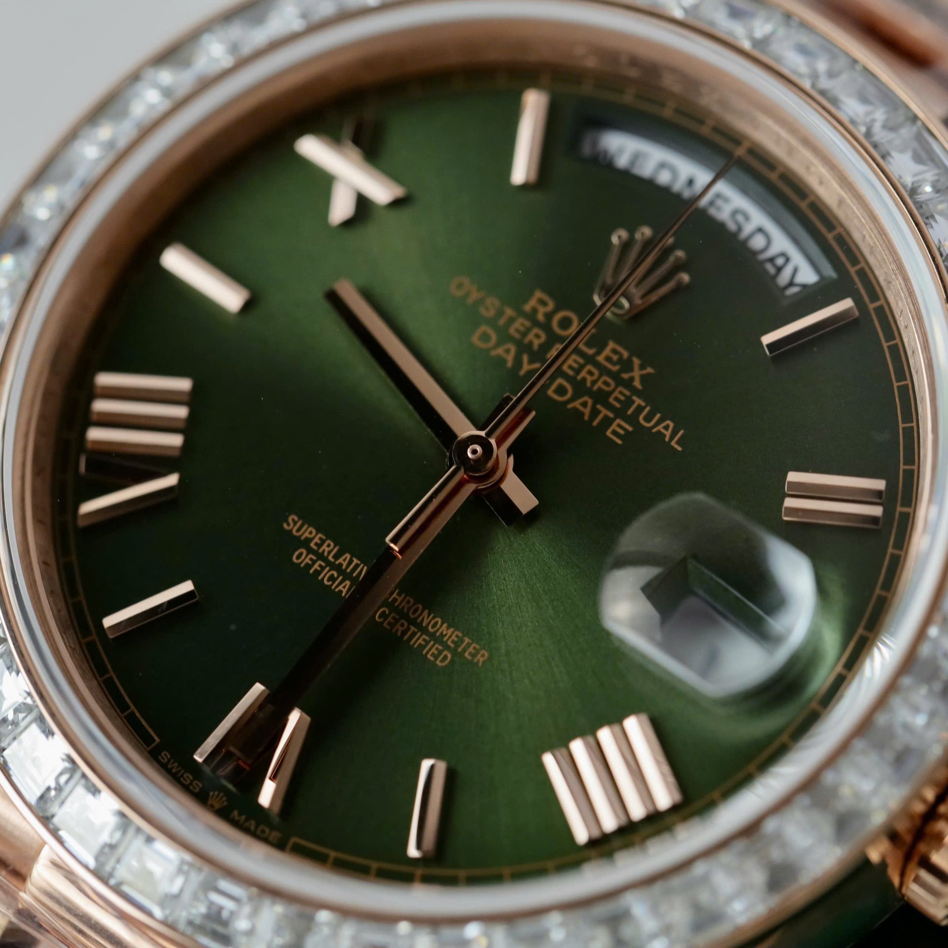 Rolex Day-Date Geen Dial Copies Watches Gold Wrapped + Diamonds Moissanite Baguette 40mm