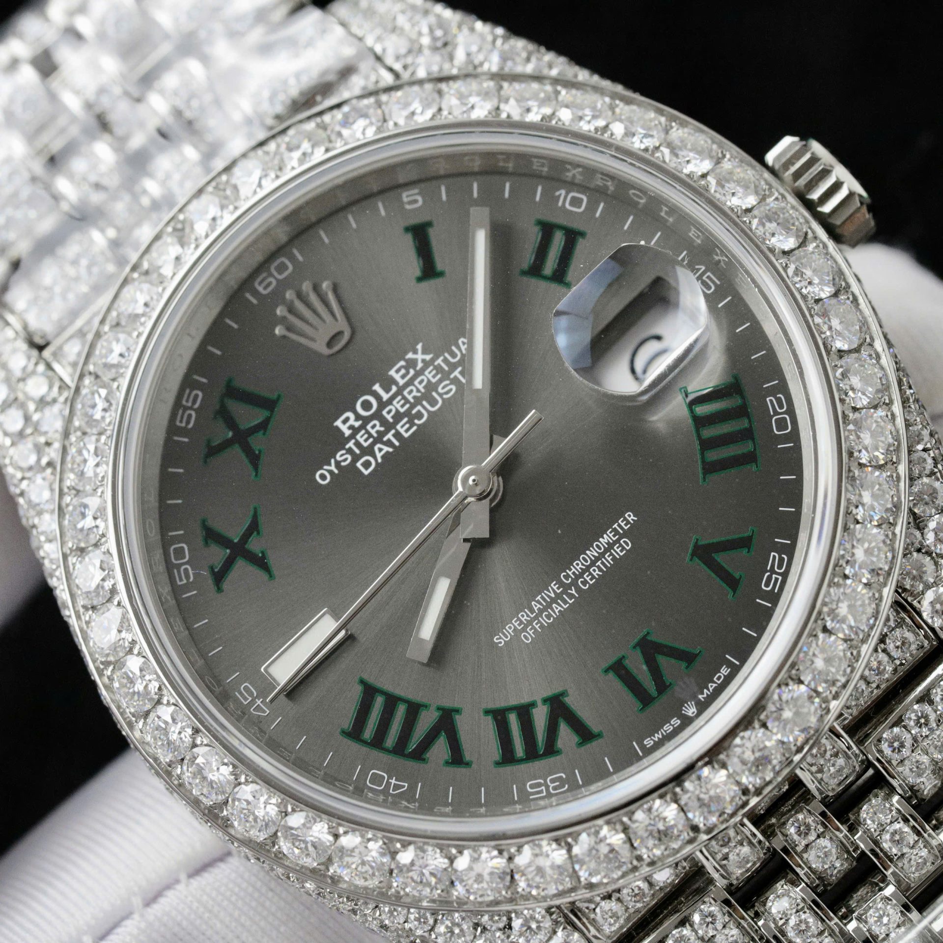 Rolex DateJust Best Copies Watch Dial Wimbledon Custom Full Moissanite Diamonds 41mm