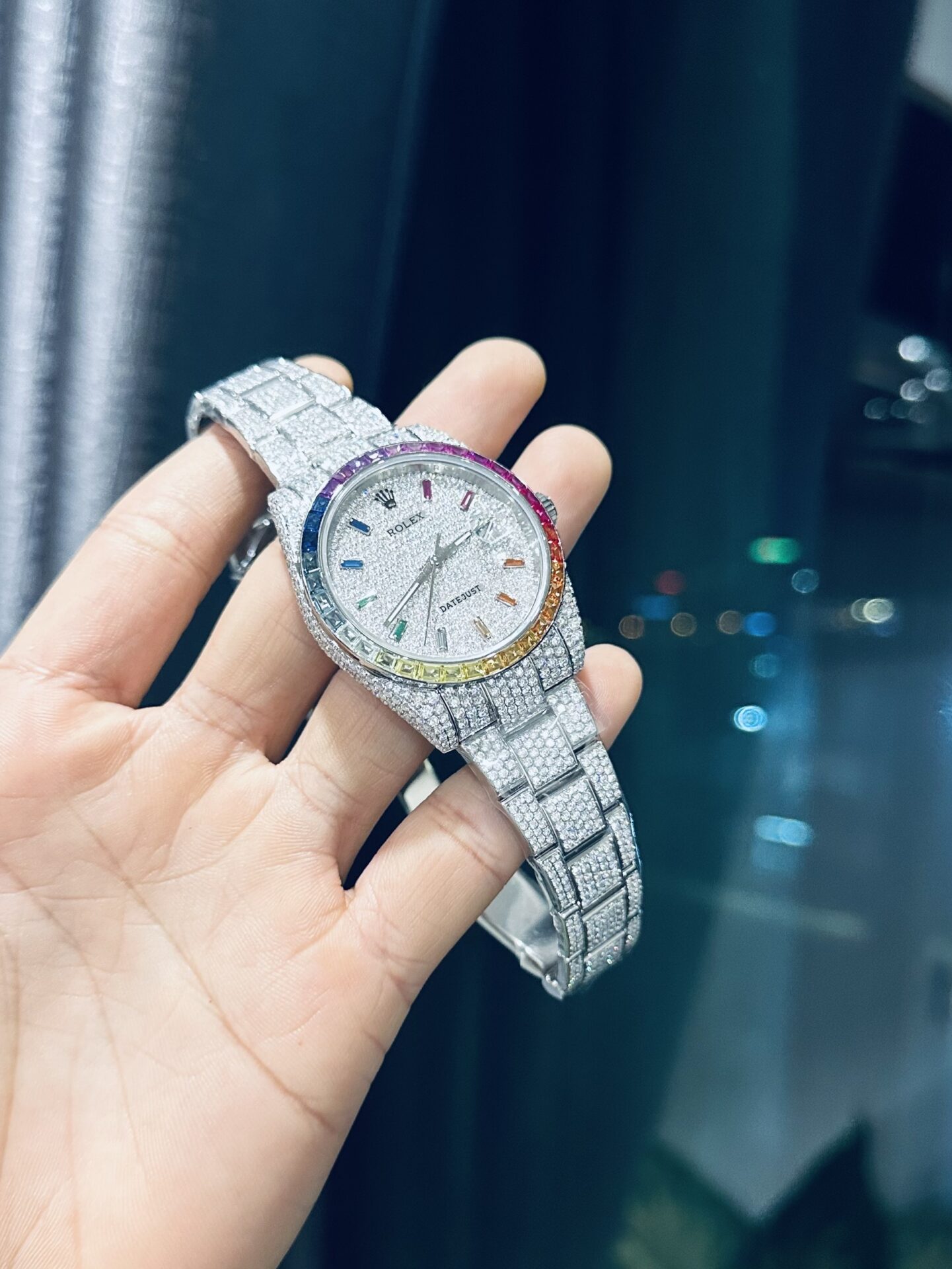Rolex DateJust Rainbow Replica Watch Custom Moissanite Diamonds 41mm