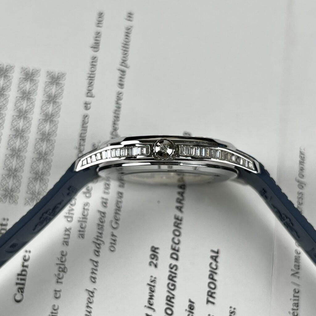 Patek Philippe Replica Watch Aquanaut 5168G Custom Moissanite Baguette Diamonds Blue Dial 42.2mm