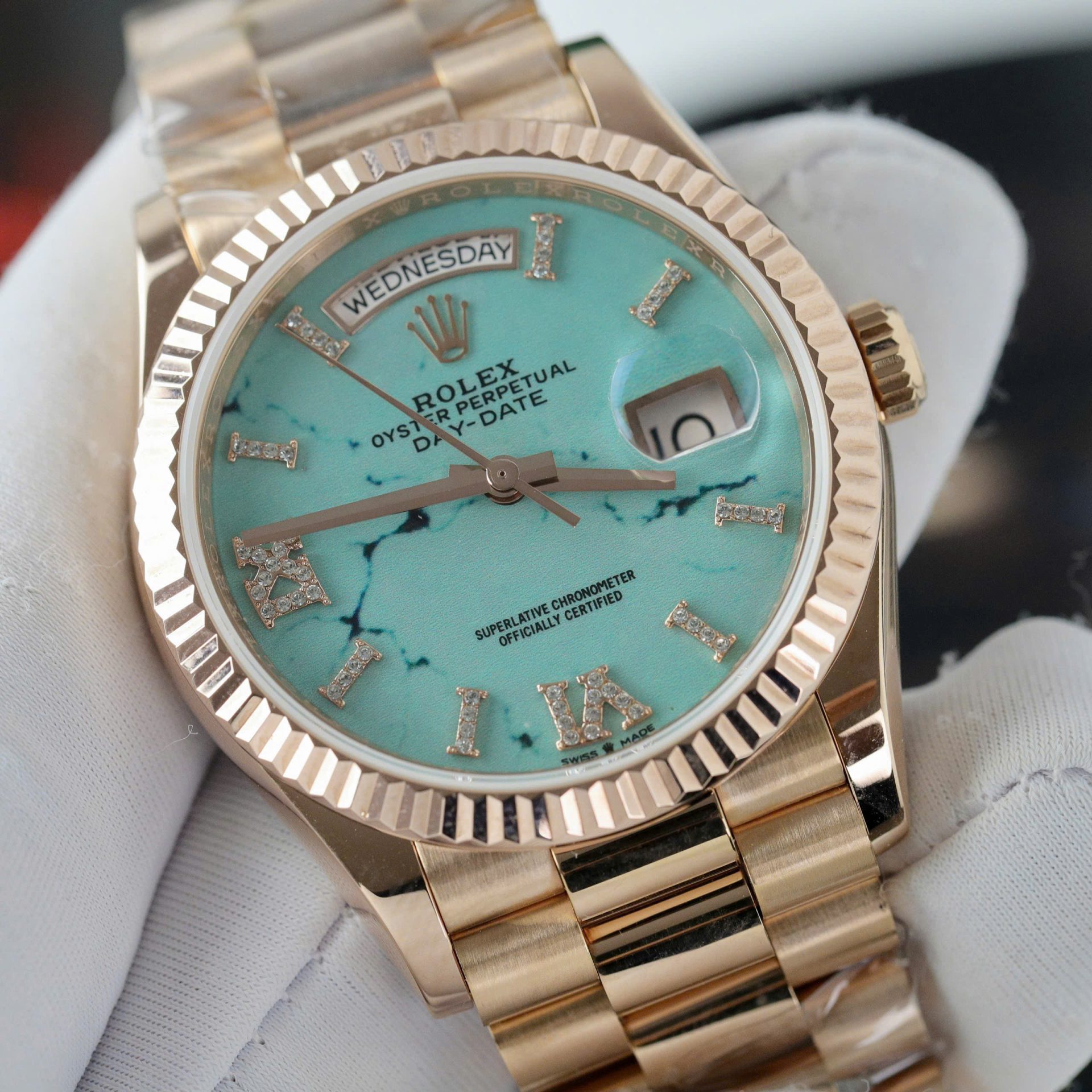 Rolex Best Replica Watch Day-Date 128238 Dial Turquoise Gold Wrapped 36mm