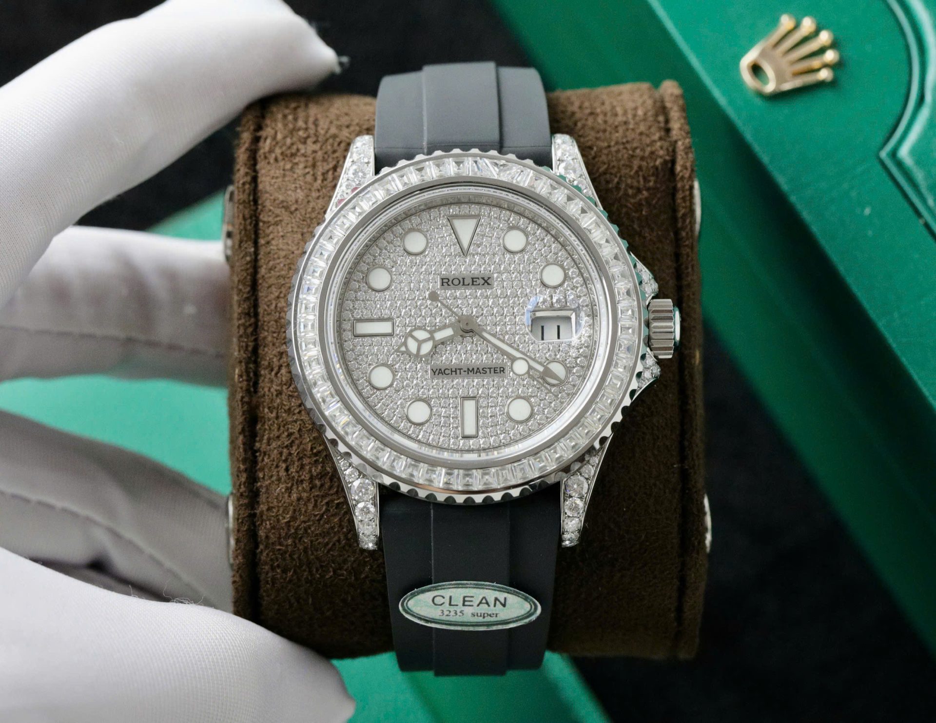Rolex Yacht-Master Replica Watch Full Diamond Moissanite Rubber Strap 42mm