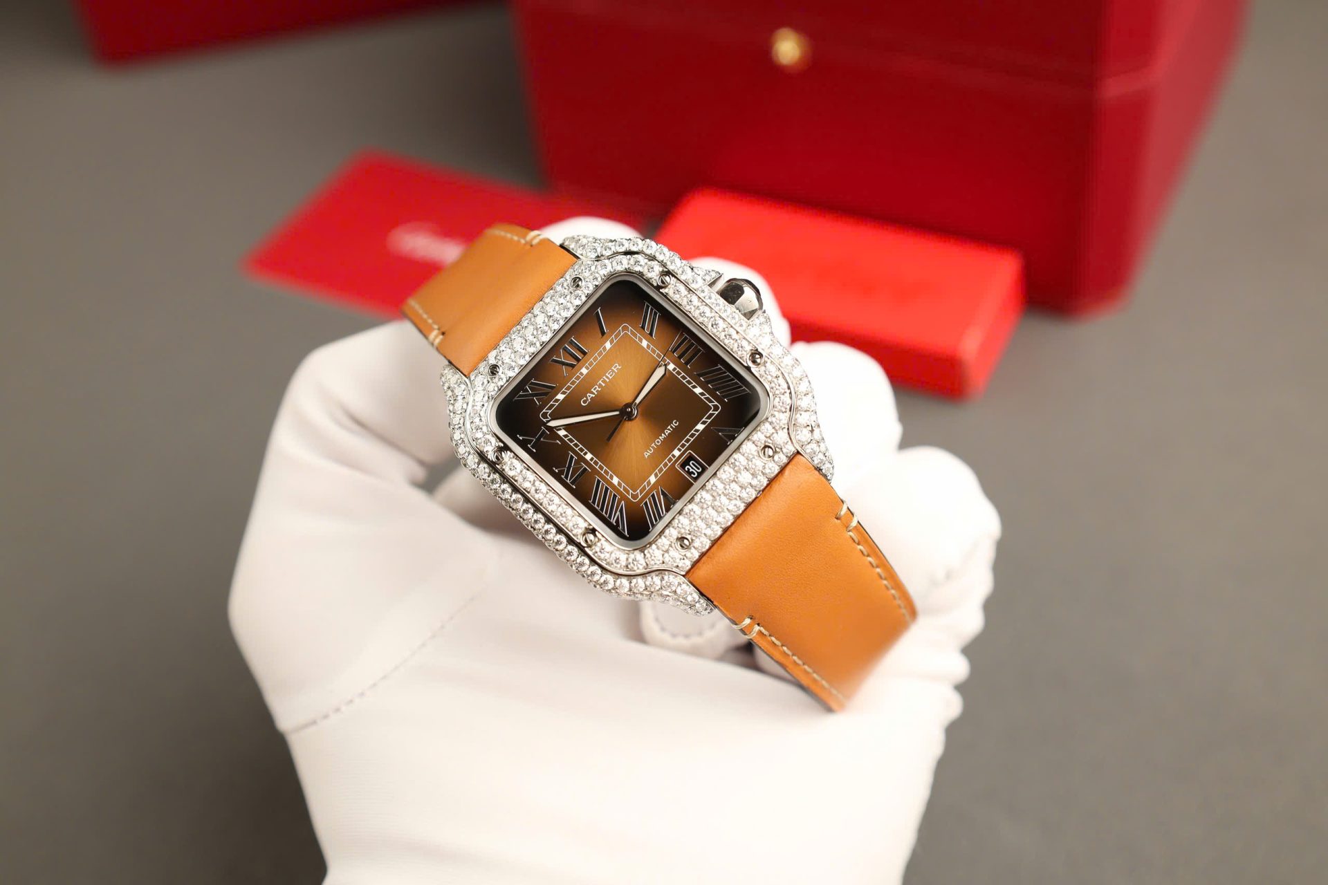 Cartier Santos Dial Brown Replica Watches Custom Diamonds Moissanite BV Factory 39.8mm