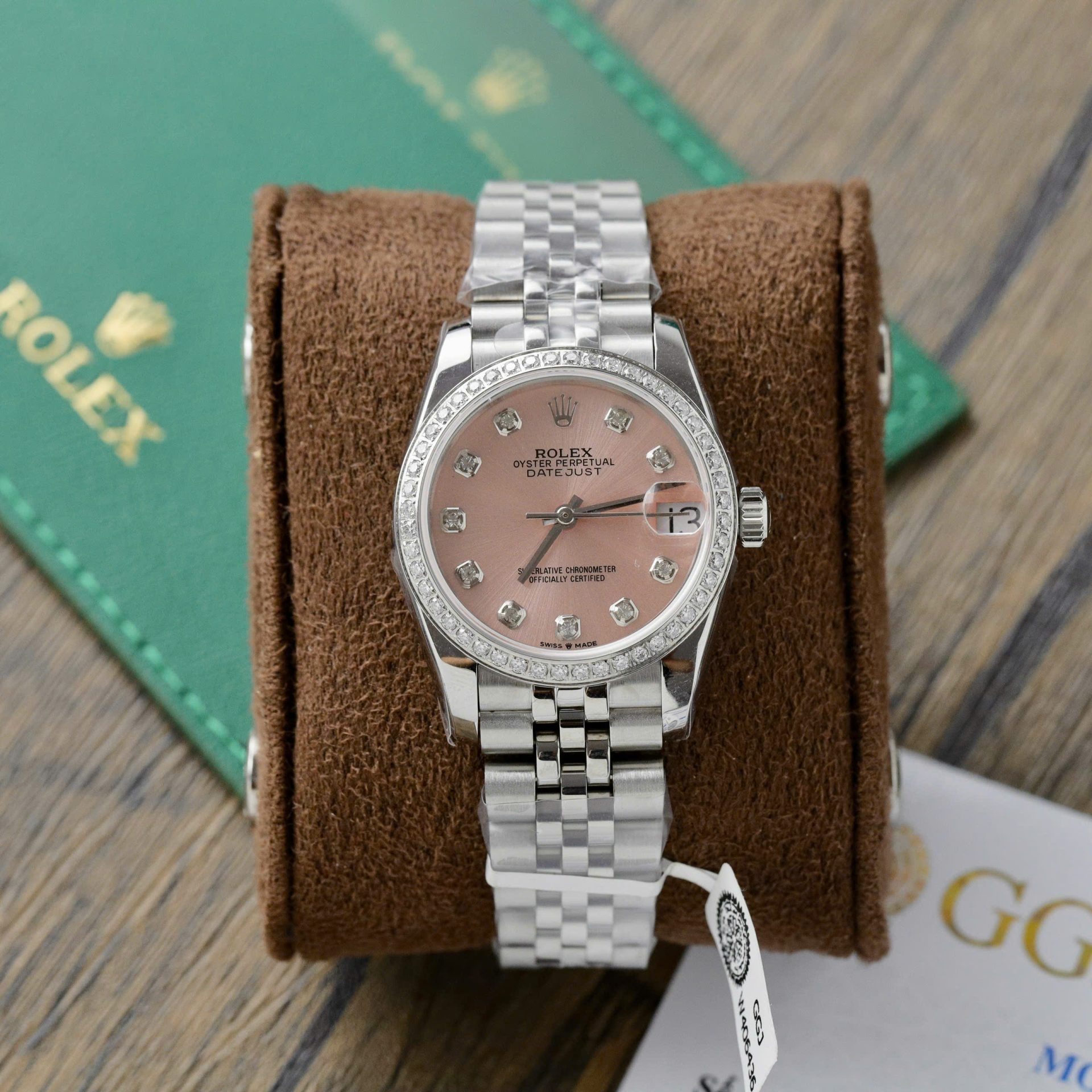 Rolex DateJust Replica Watch Womens Pink Dial Custom Moissanite Diamonds 31mm