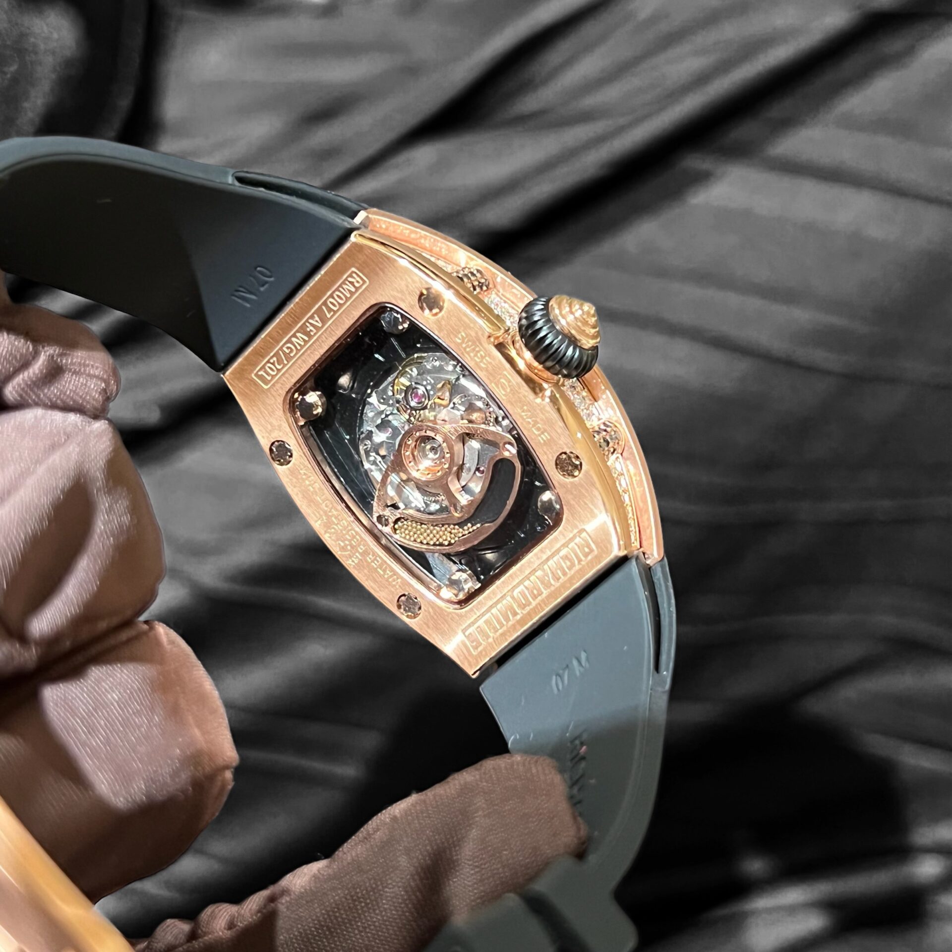 Richard Mille RM007 Replica Watch Rose Gold Wrapped With Full Natural Diamond 36mm