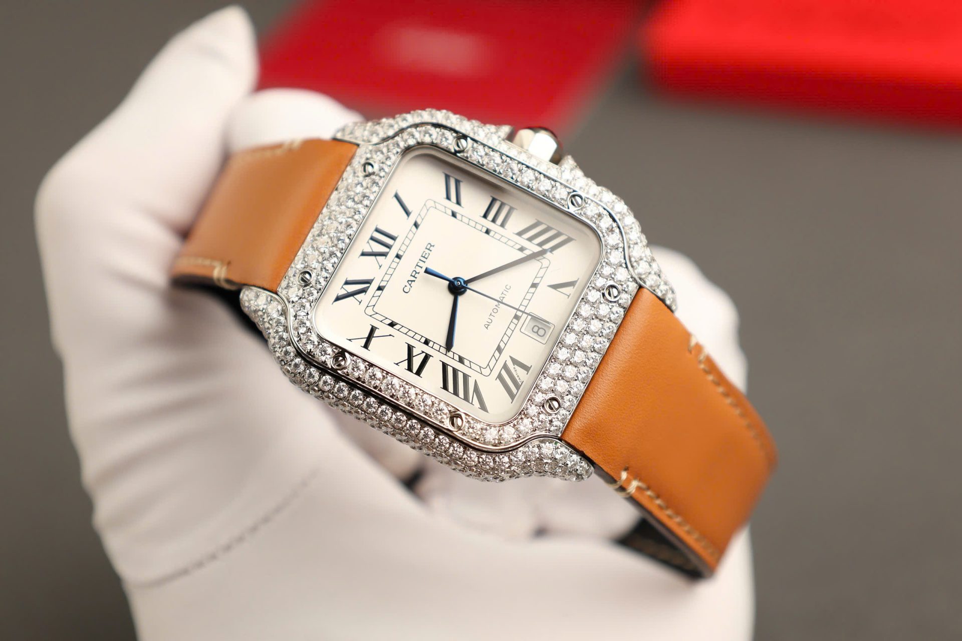 Cartier Santos White Dial Replica Watch Custom Diamonds Moissanite BV Factory 39.8mm
