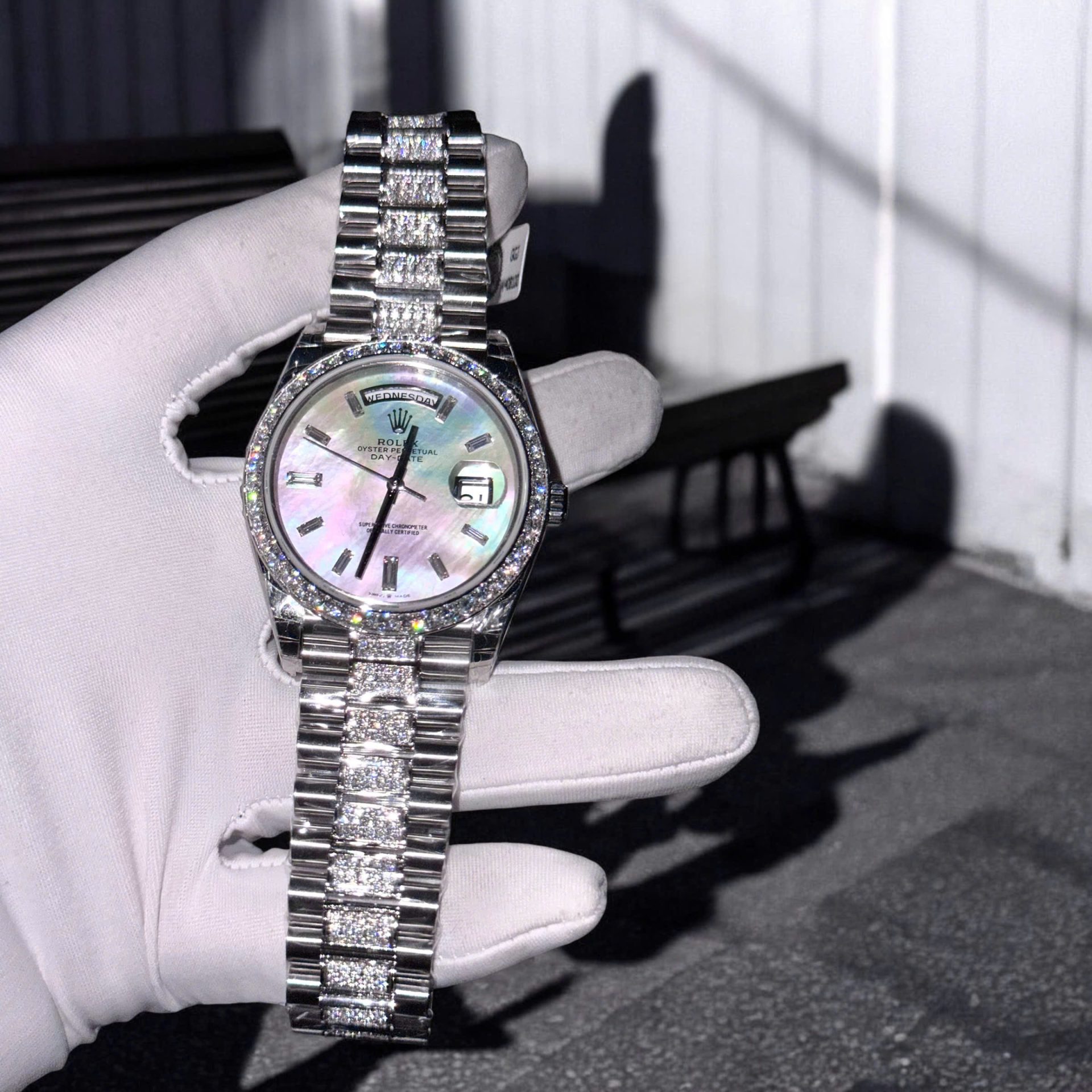 Rolex Day-Date Replica Watch Dial Mother Of Pearl Moissanite Diamonds Hong Kong 40mm