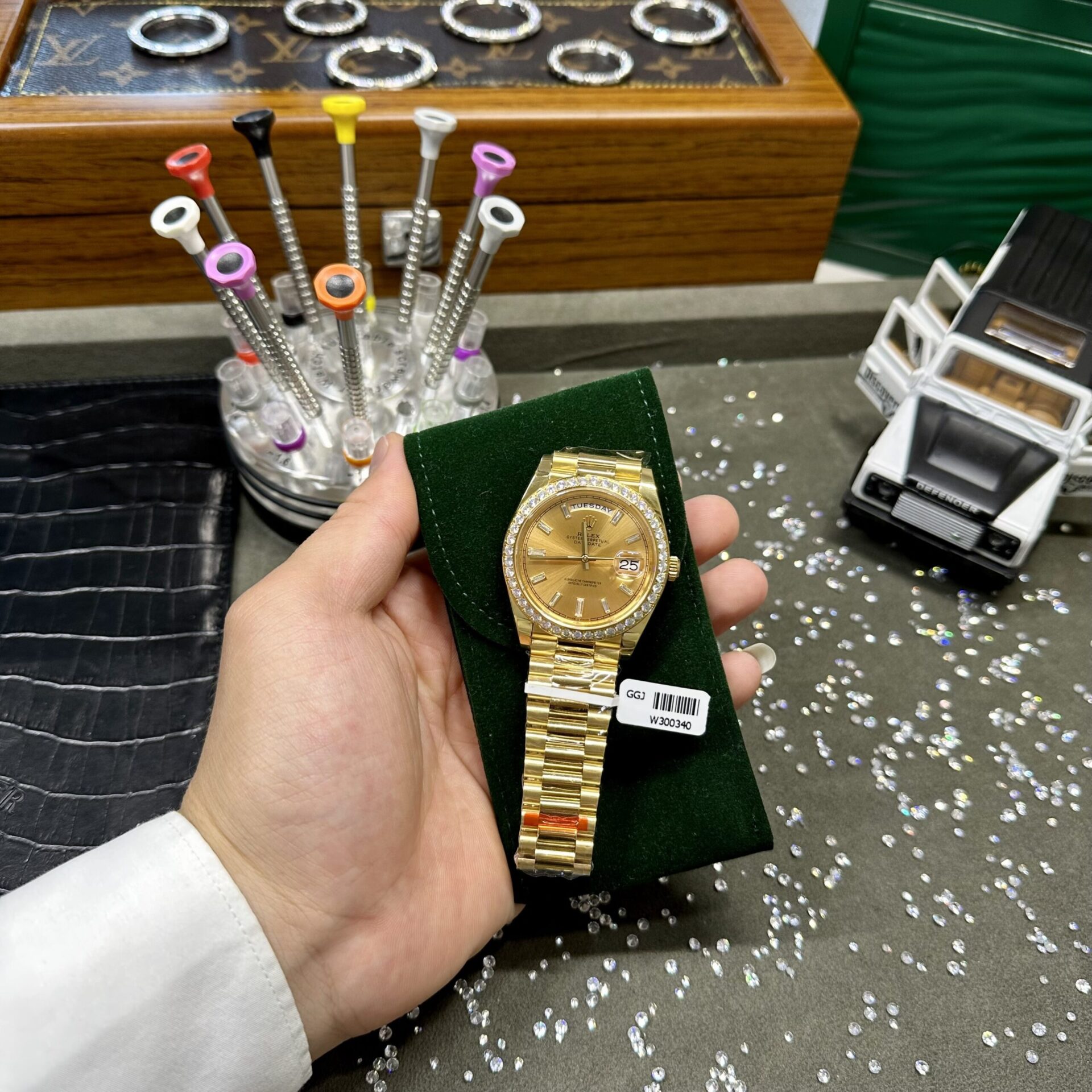 Rolex Day-Date Fake Watches Yellow Dial Moissanite Diamonds EW Factory 40mm