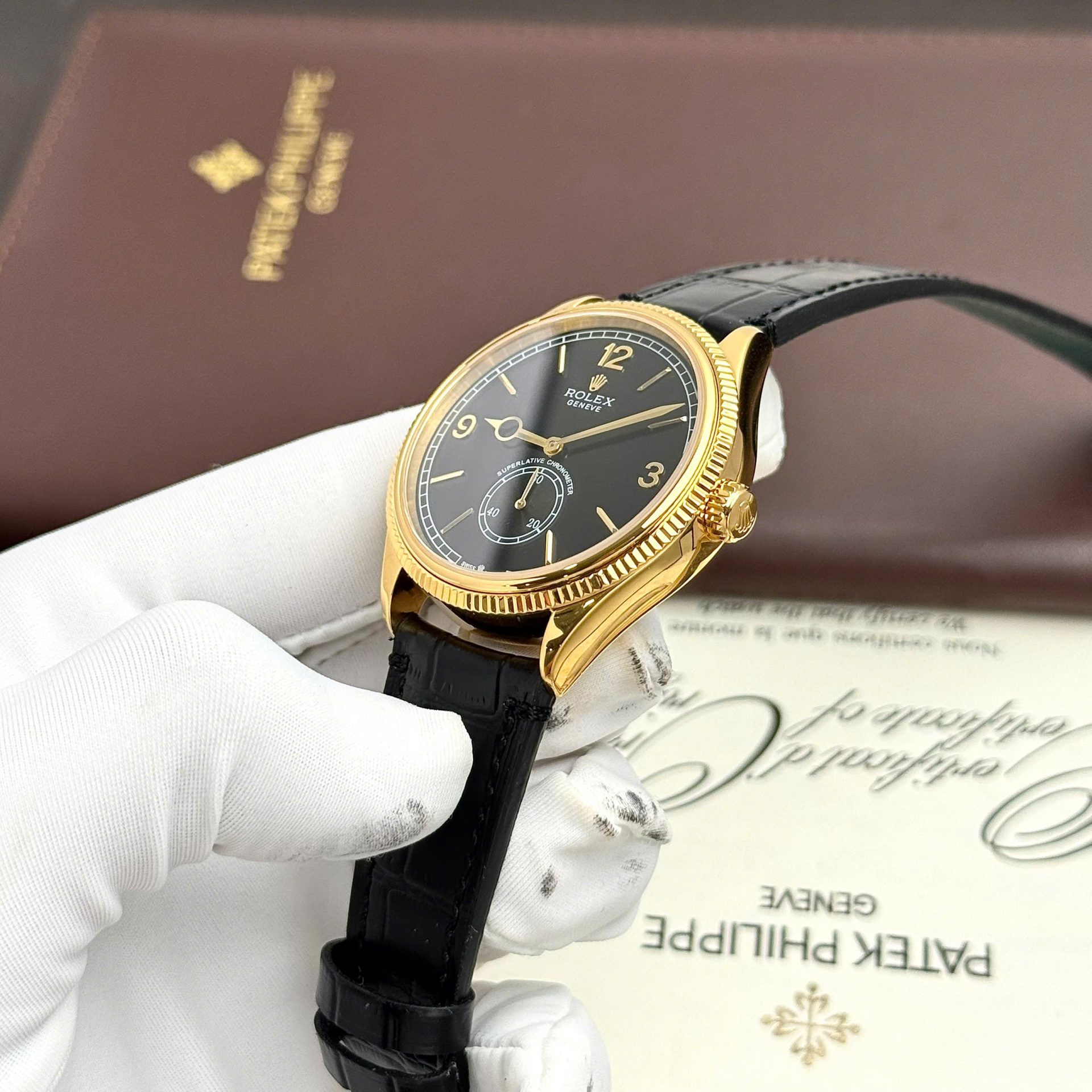 Rolex Perpetual 1908 Yellow Fake Watch Black Dial Leather Strap 39mm
