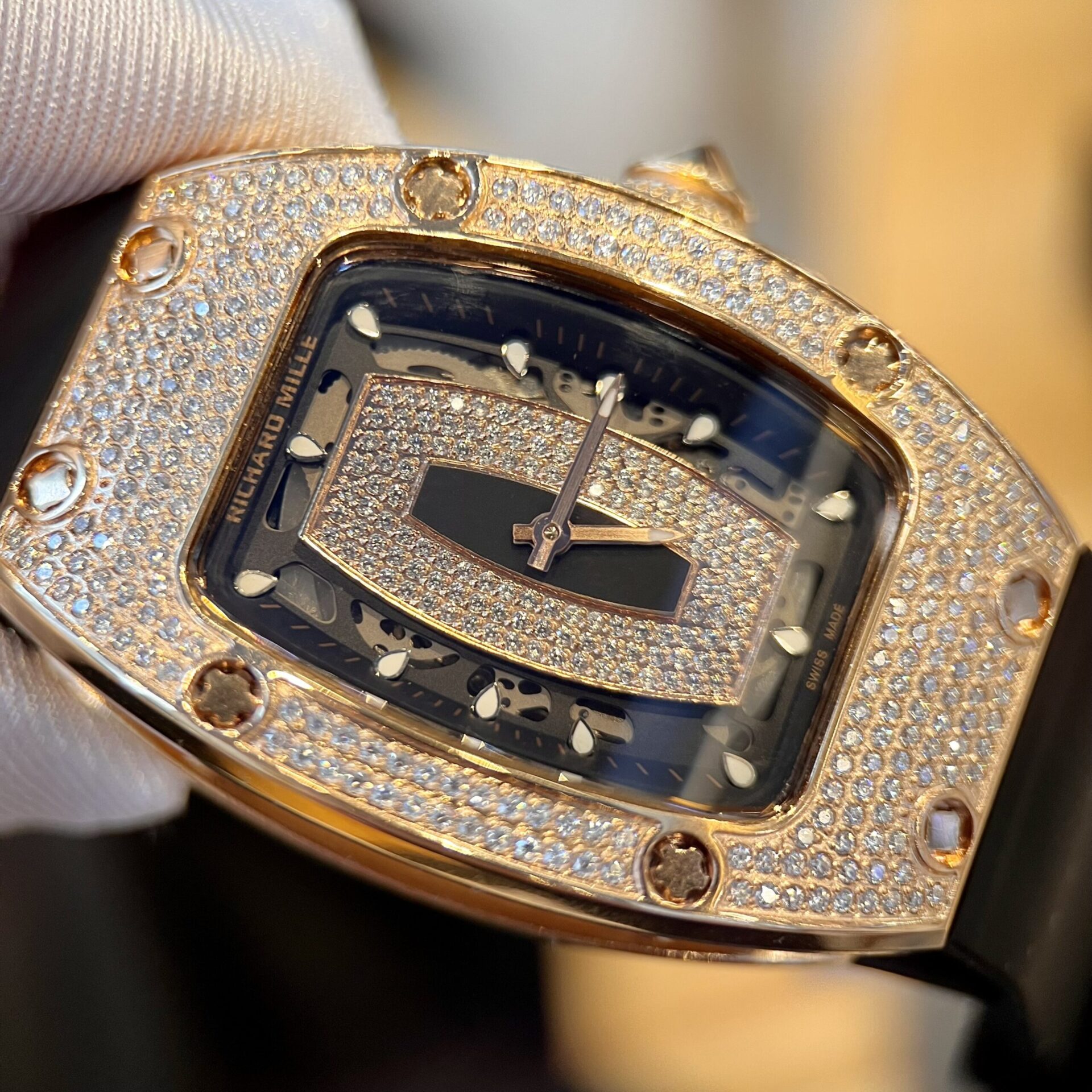 Richard Mille RM007 Gold Wrapped Replica Watch With Moissanite Diamonds 36mm