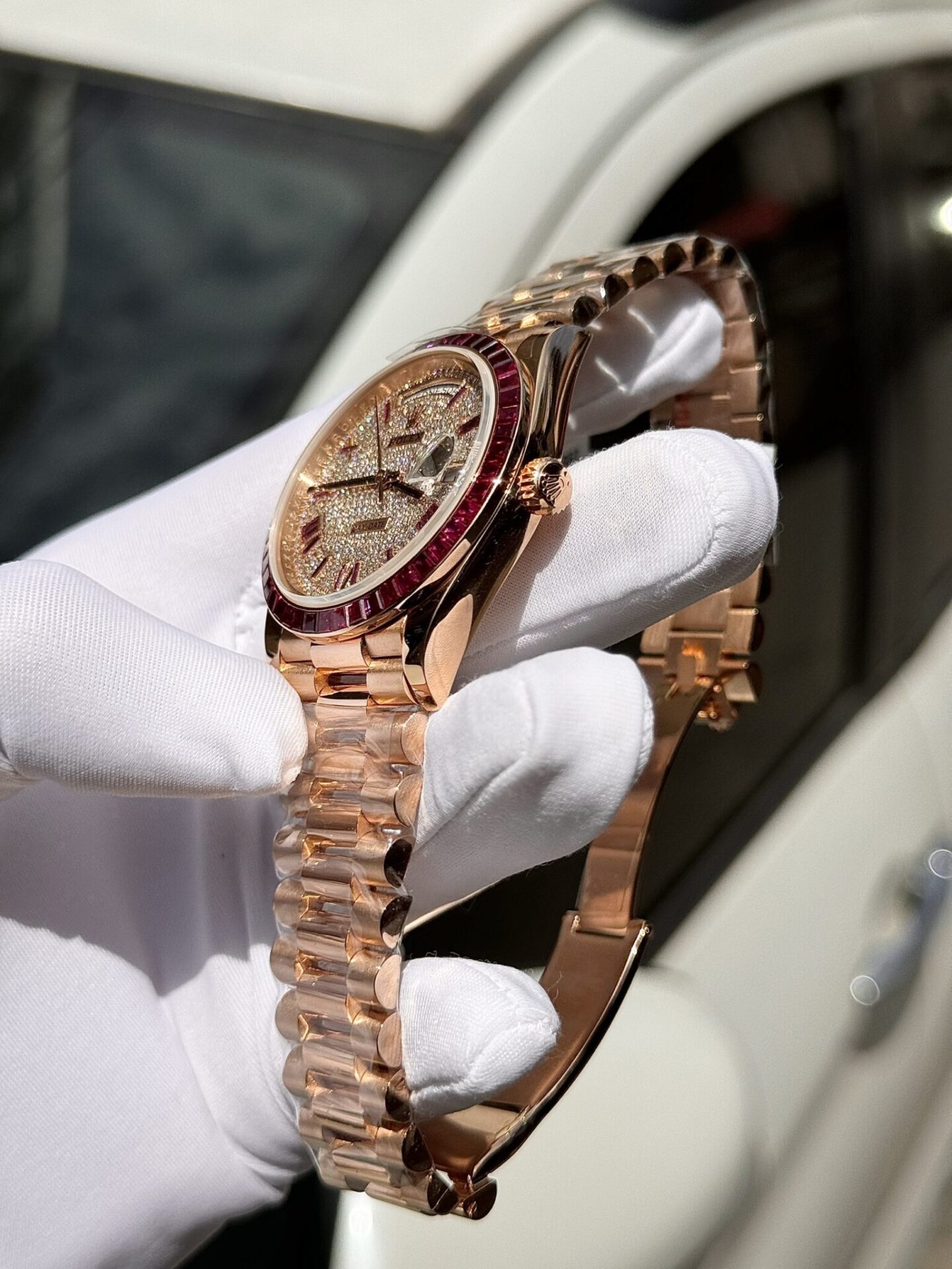 Rolex Best Replica Watch Day-Date Custom Ruby Red   Baguette Moissanite Diamonds GM Factory 40mm