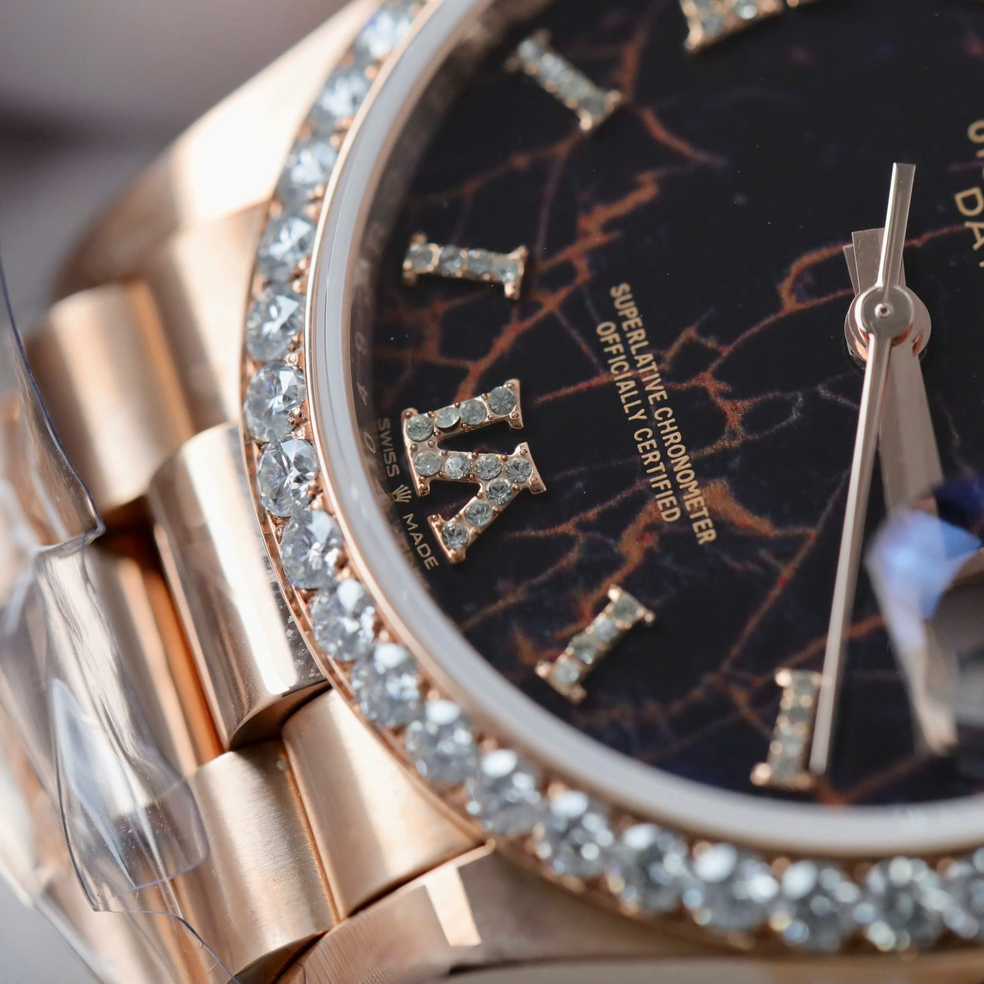 Rolex Day-Date Eisenkiesel Dial Copies Watch Gold Wrapped + Diamonds Moissanite GM Factory 36mm