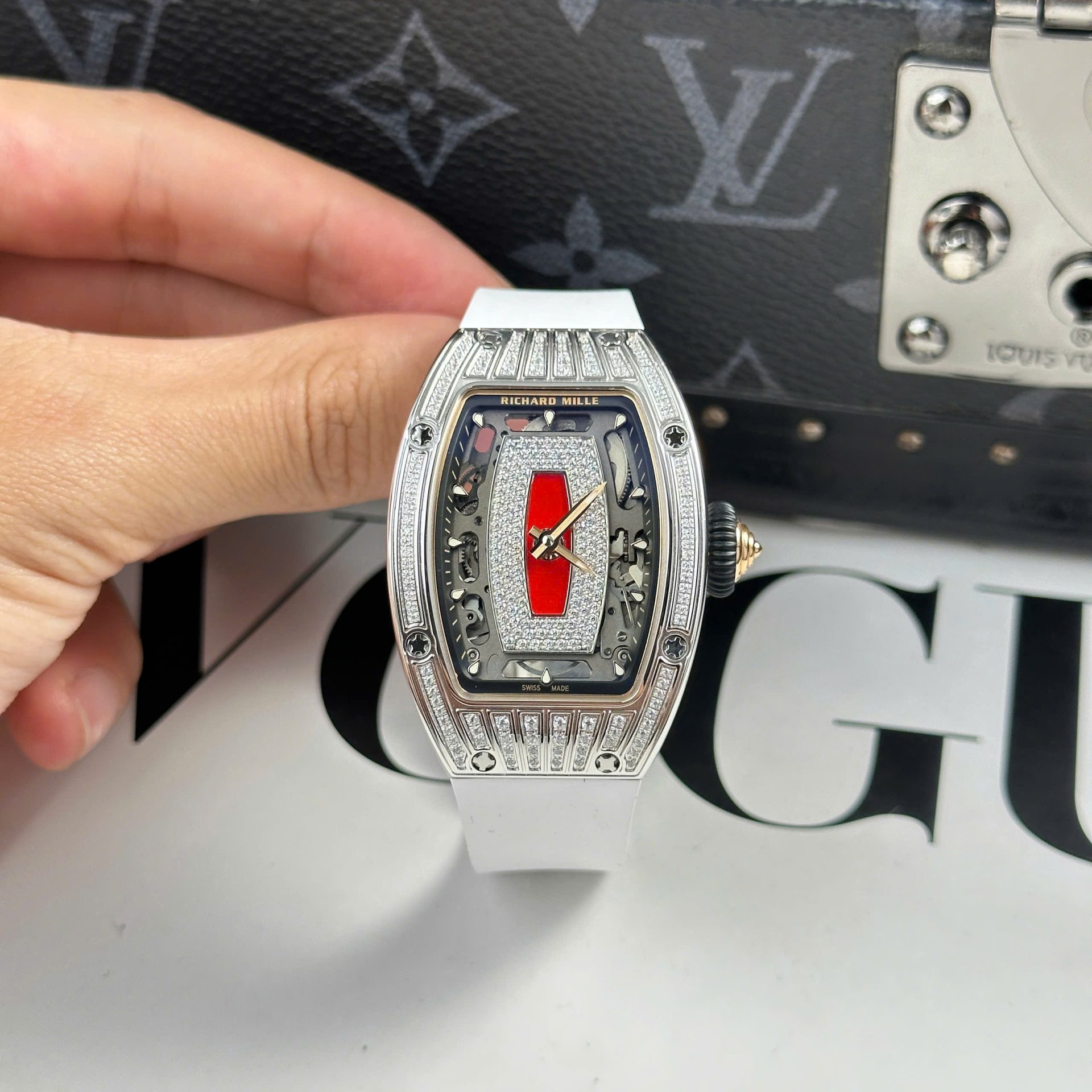 Richard Mille RM07-01 Best Replica Watches Diamonds White Rubber Strap ZF Factory 36mm