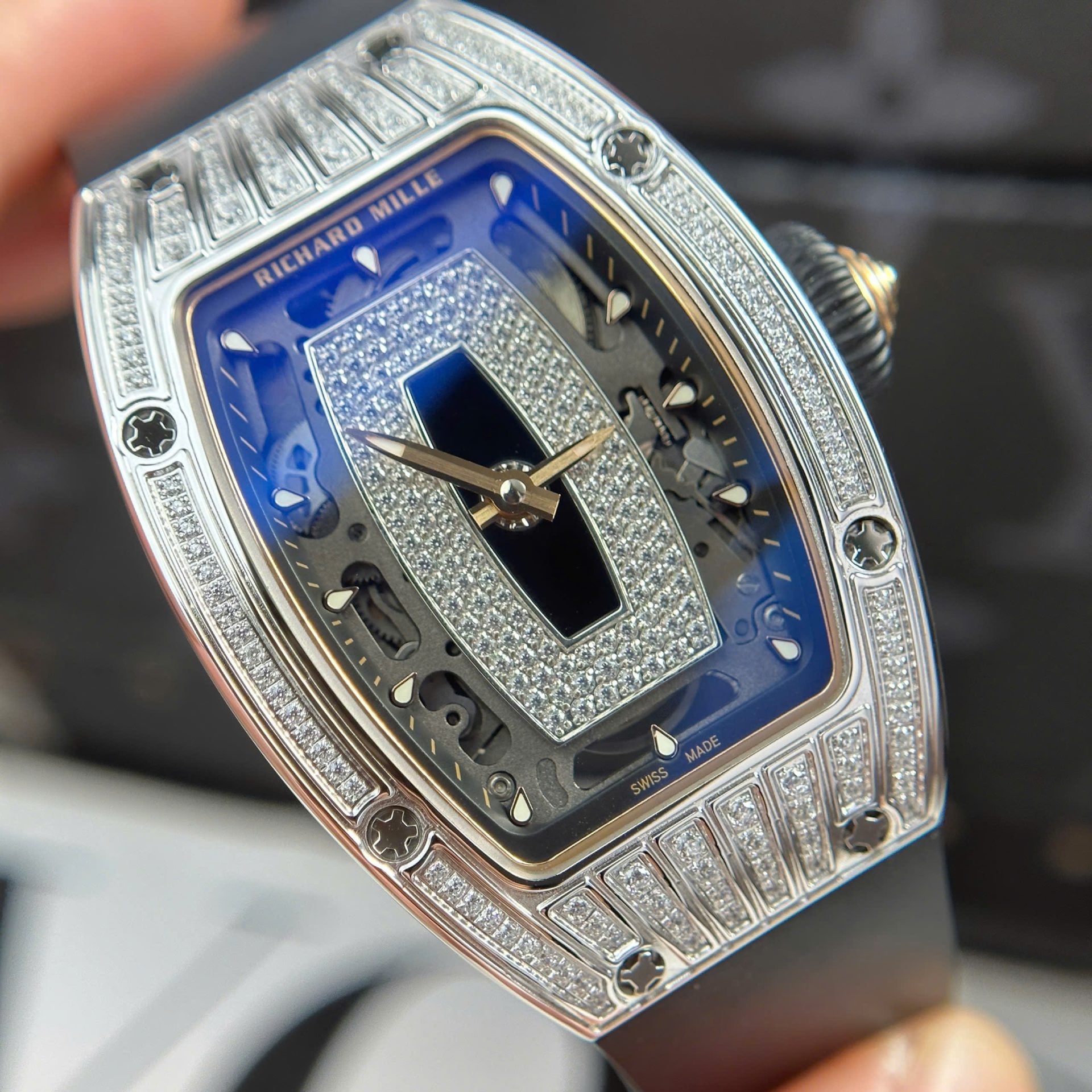 Richard Mille RM07-01 Best Replica Watches Diamonds Black Rubber Strap ZF Factory 36mm