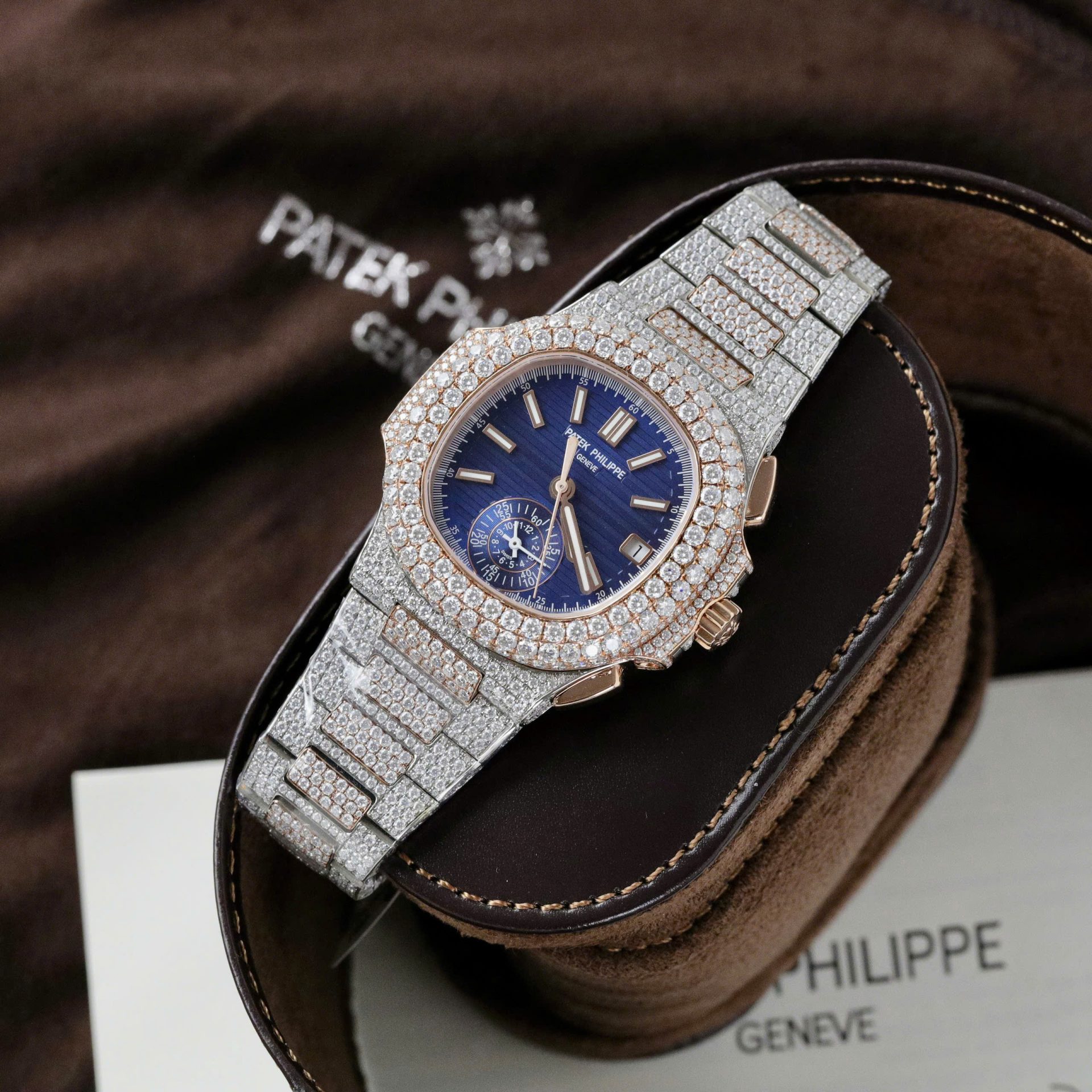 Patek Philippe Nautilus 5980 Replica Watch 18K Gold Wrapped + Diamonds Moissanite Custom 40.5mm
