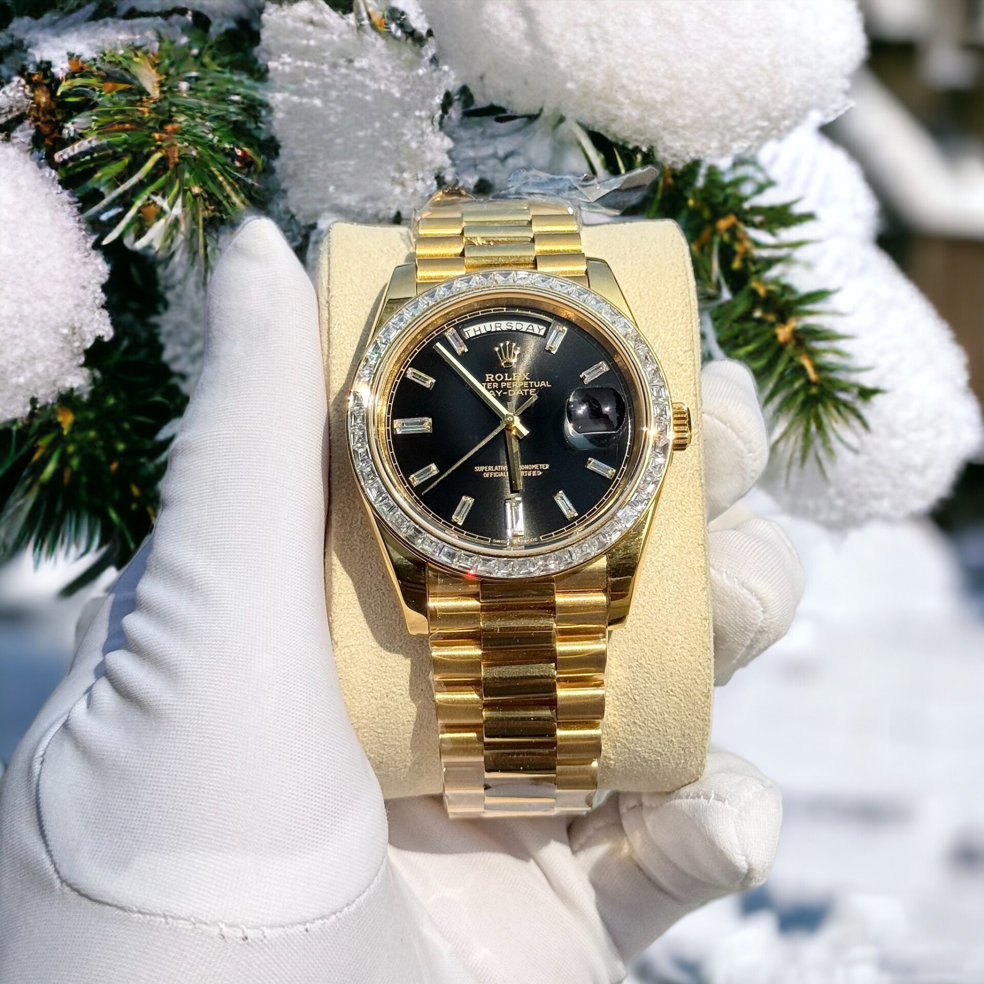 Rolex Day-Date 228238 Replica Watch 18K Gold Wrapped Moissanite Bezel GM 40mm