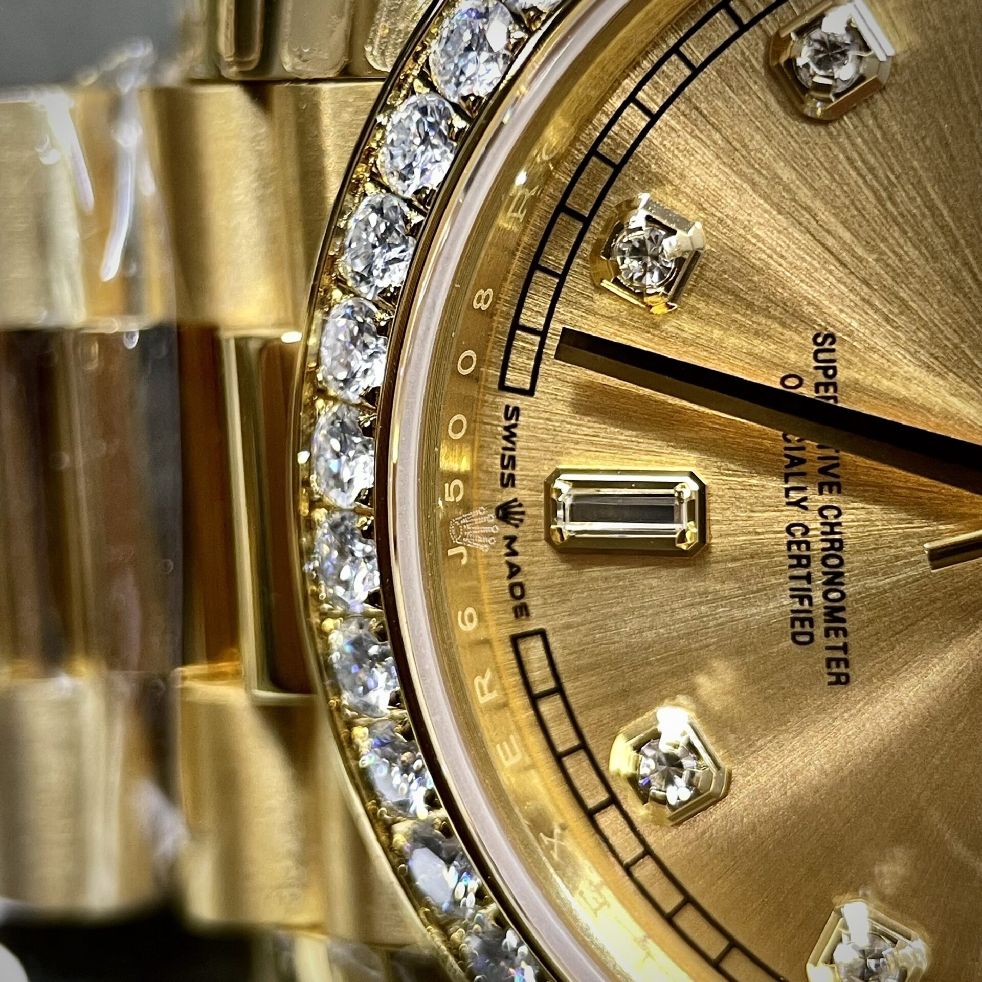 Rolex Fake Watch Day-Date Yellow Dial Custom Moissanite Diamonds 40mm