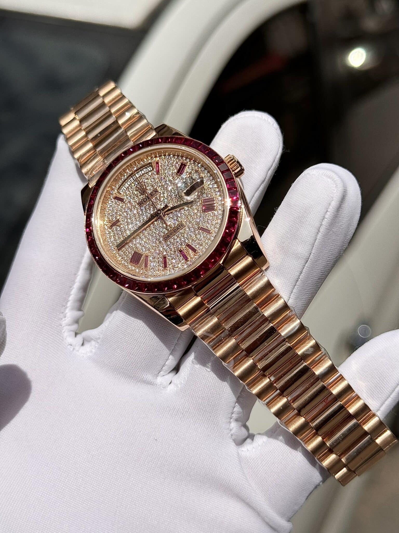 Rolex Best Replica Watch Day-Date Custom Ruby Red   Baguette Moissanite Diamonds GM Factory 40mm