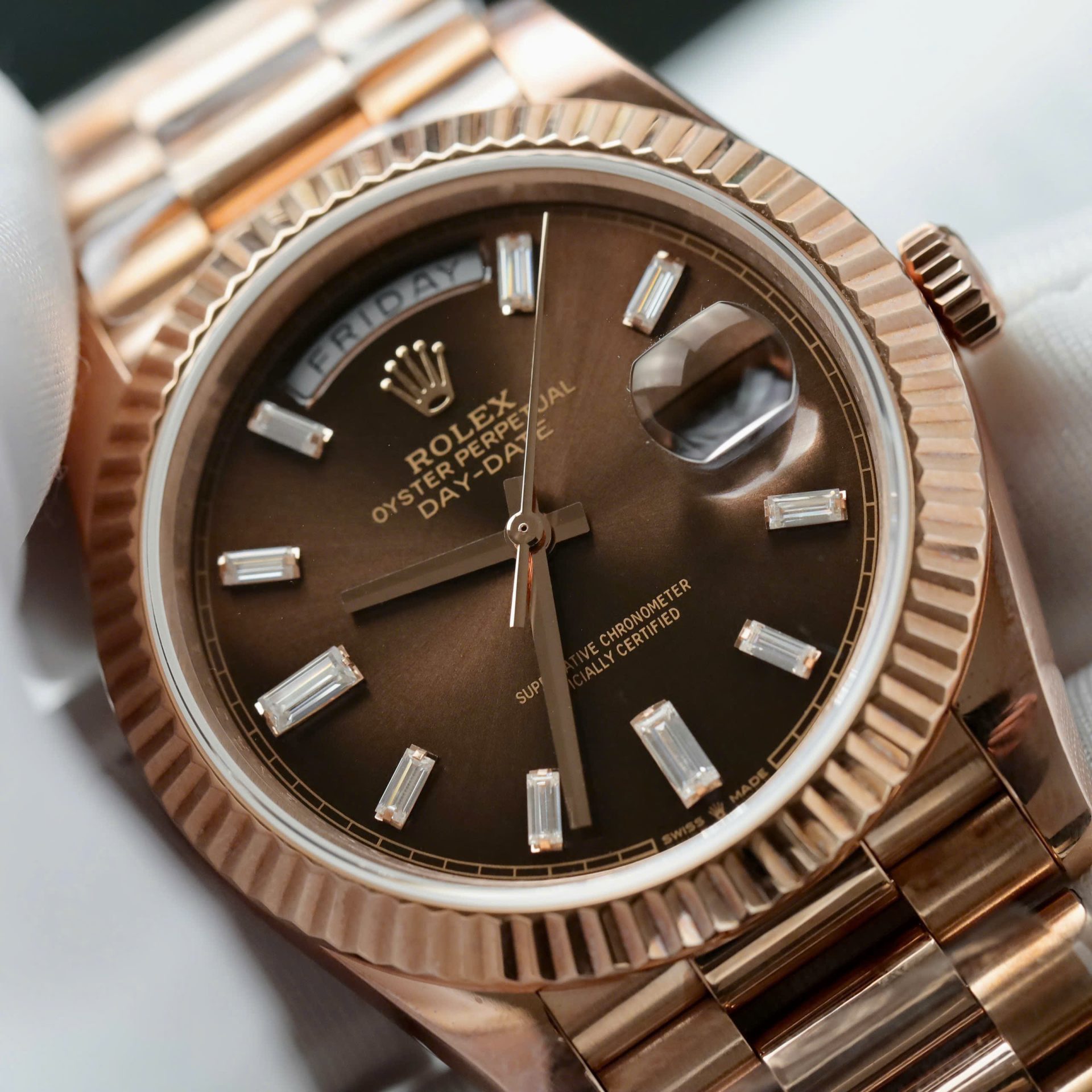 Rolex Day-Date Chocolate Dial Copies Watches Gold Wrapped + Moissanite Dial Markers Custom 40mm