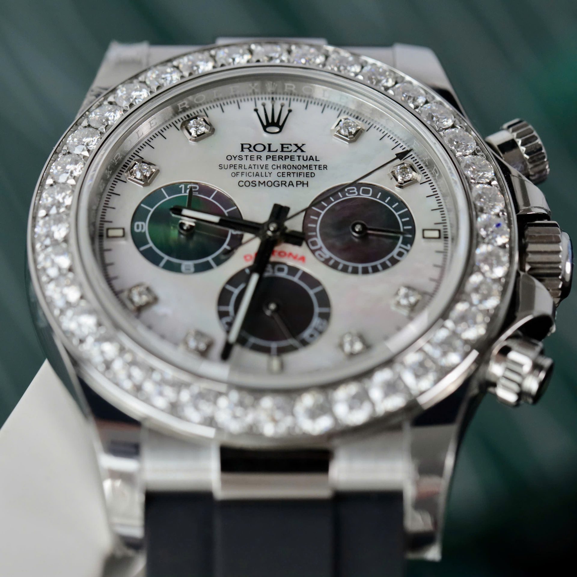 Rolex Daytona Dial MOP Replica Watch Number Pile + Bezel Diamonds Moissanite Custom 40mm