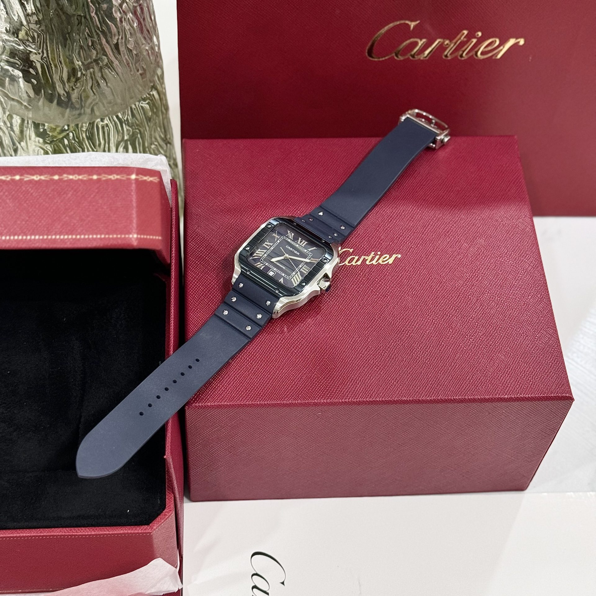 Cartier Santos Replica 1:1 Watch Rubber Blue Strap BV Factory 39.8mm