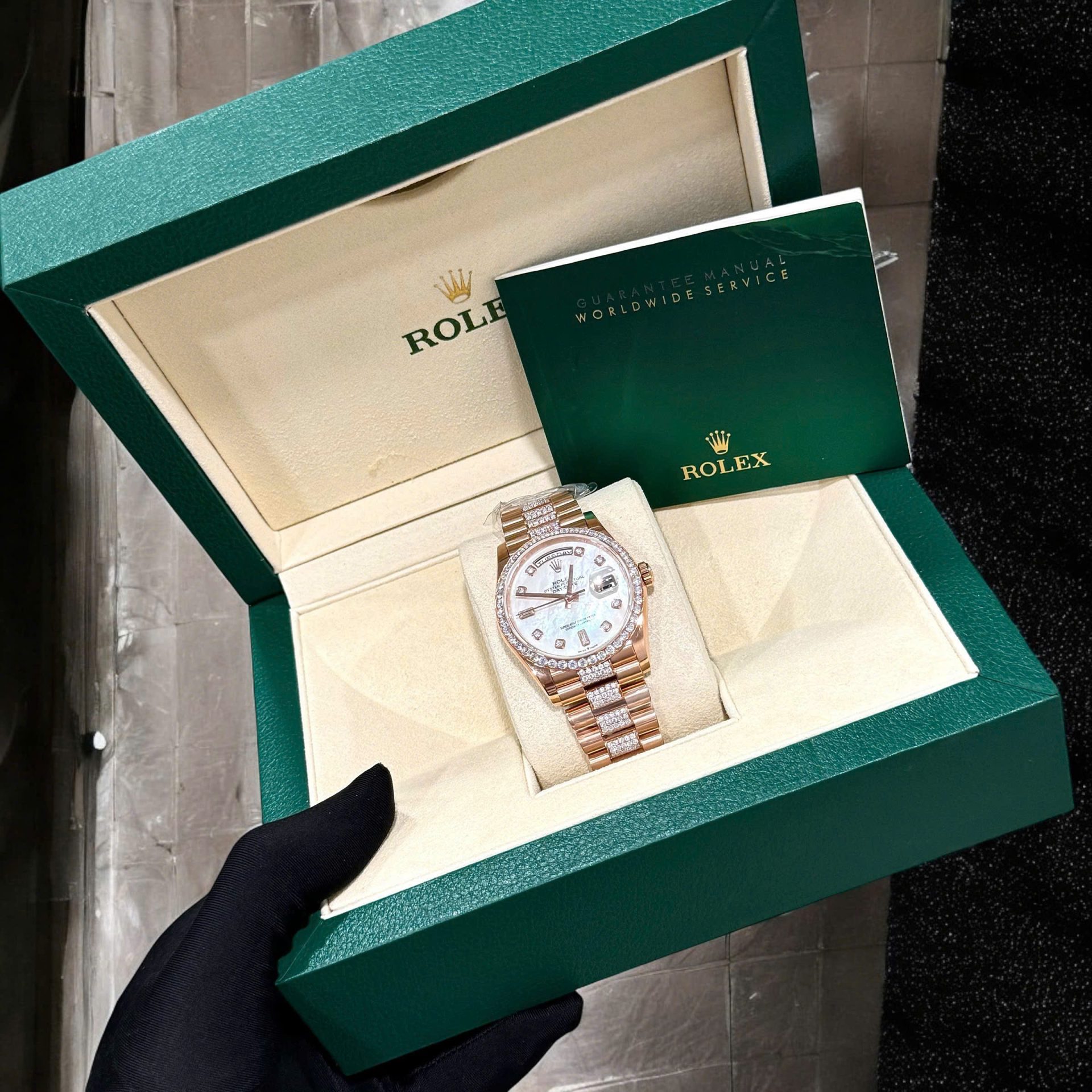 Rolex Day-Date Replica Watch Gold Wrapped Moissanite Diamonds Hong Kong 36mm