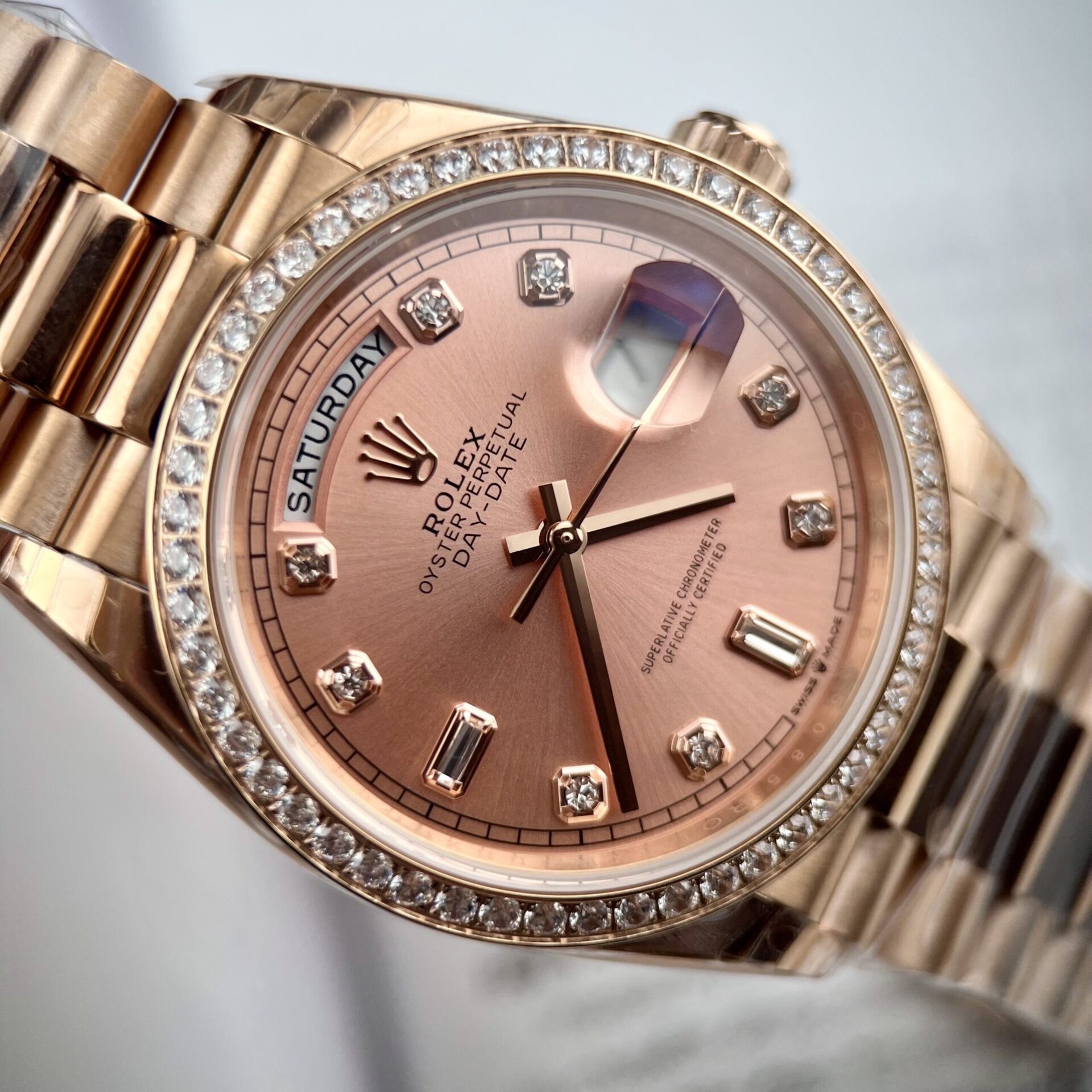 Rolex Clone Watch Day-Date Pink Dial President Strap EW Factory 31mm