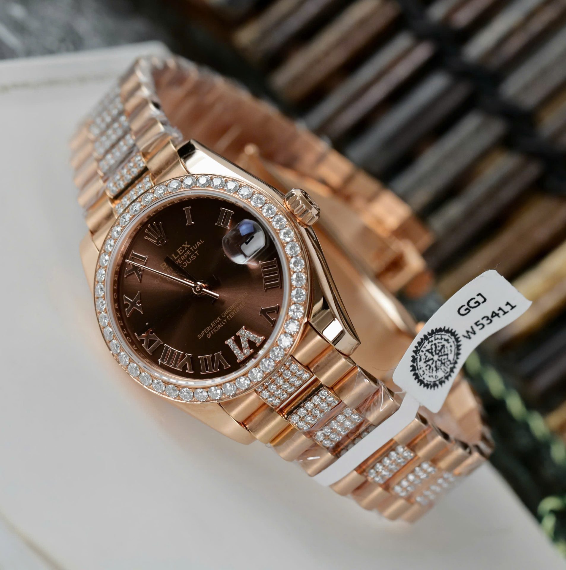 Rolex DateJust Women Dial Chocolate Copies Watches Custom Moissanite Diamonds + 18K Gold Wrapped 31mm