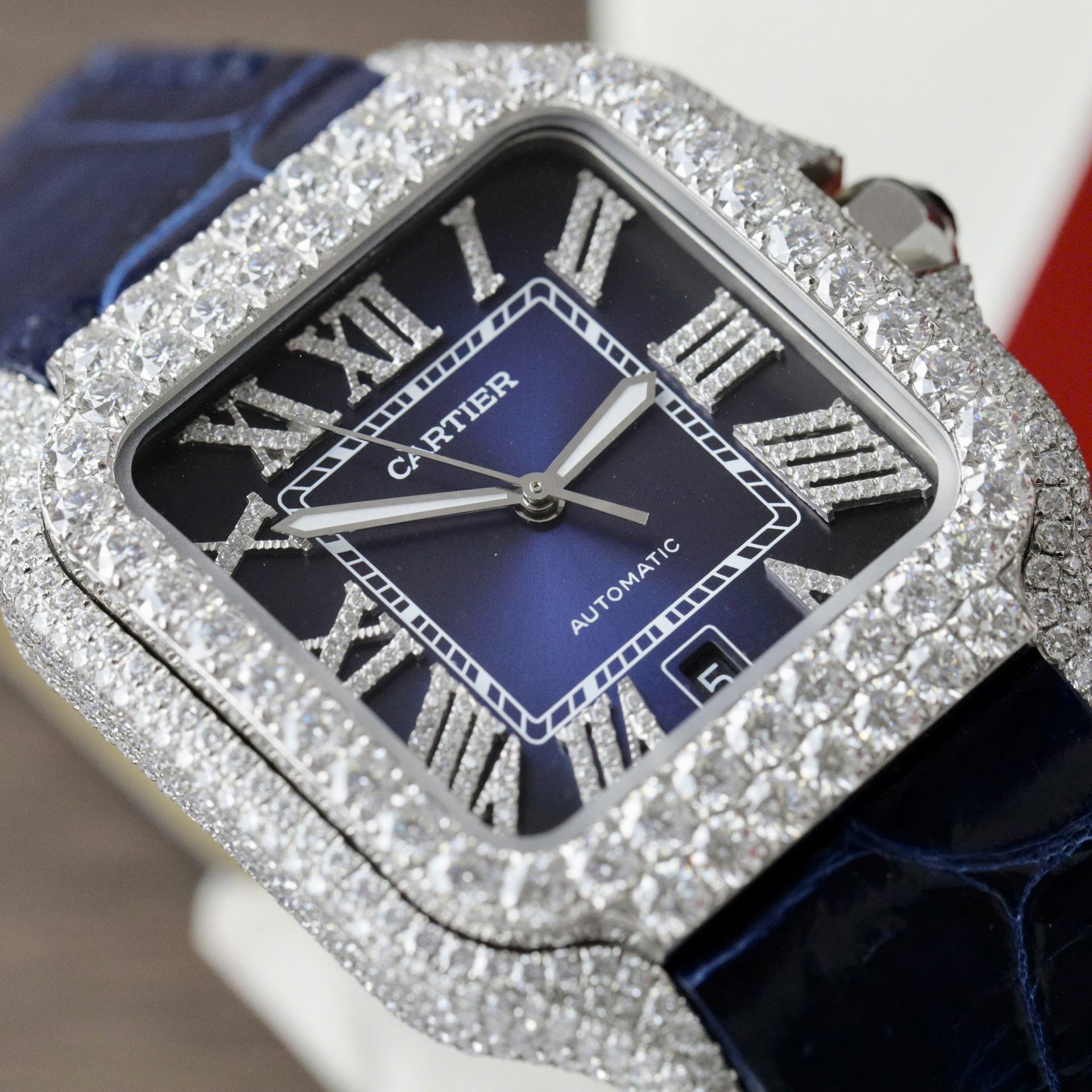 Cartier Santos Best Copies Watch Dial Blue Custom Diamonds Moissanite Hong Kong 39.8mm