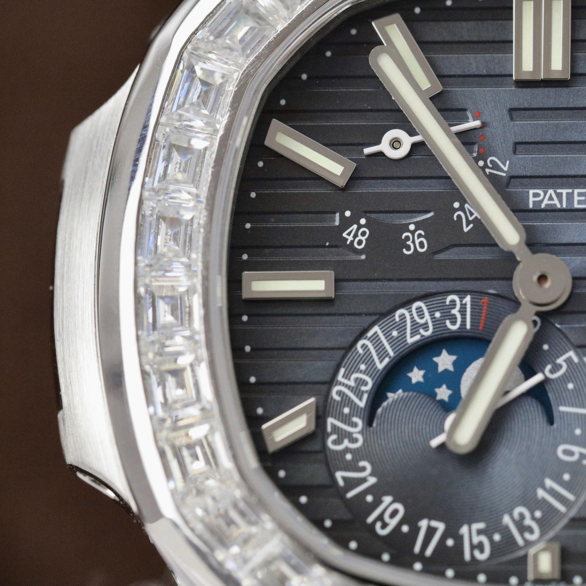 Patek Philippe Nautilus 5724G Refined Dial Copies Watch Custom Diamonds Moissanite Baguette 40mm