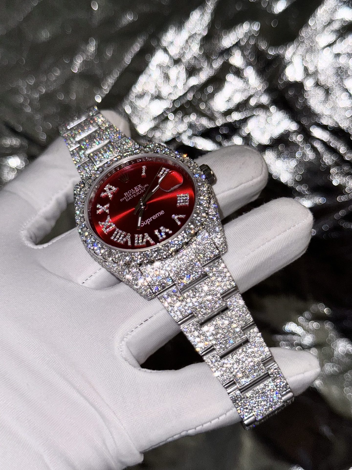 Rolex Best Replica Watch DateJust Supreme Custom Moissanite Diamonds Red Dial 41mm