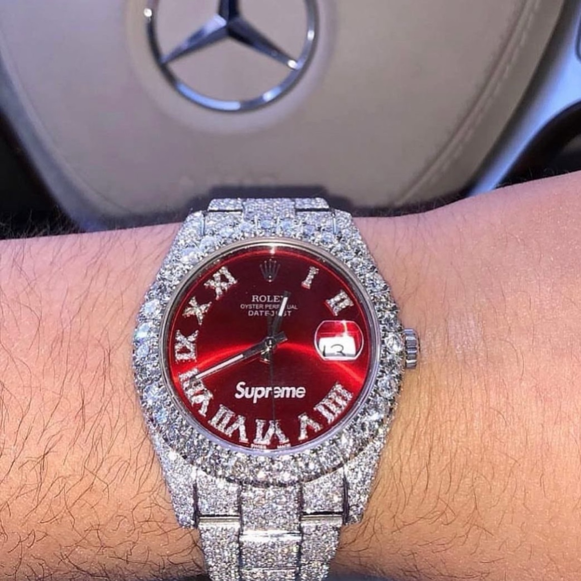 Rolex Best Replica Watch DateJust Supreme Custom Moissanite Diamonds Red Dial 41mm