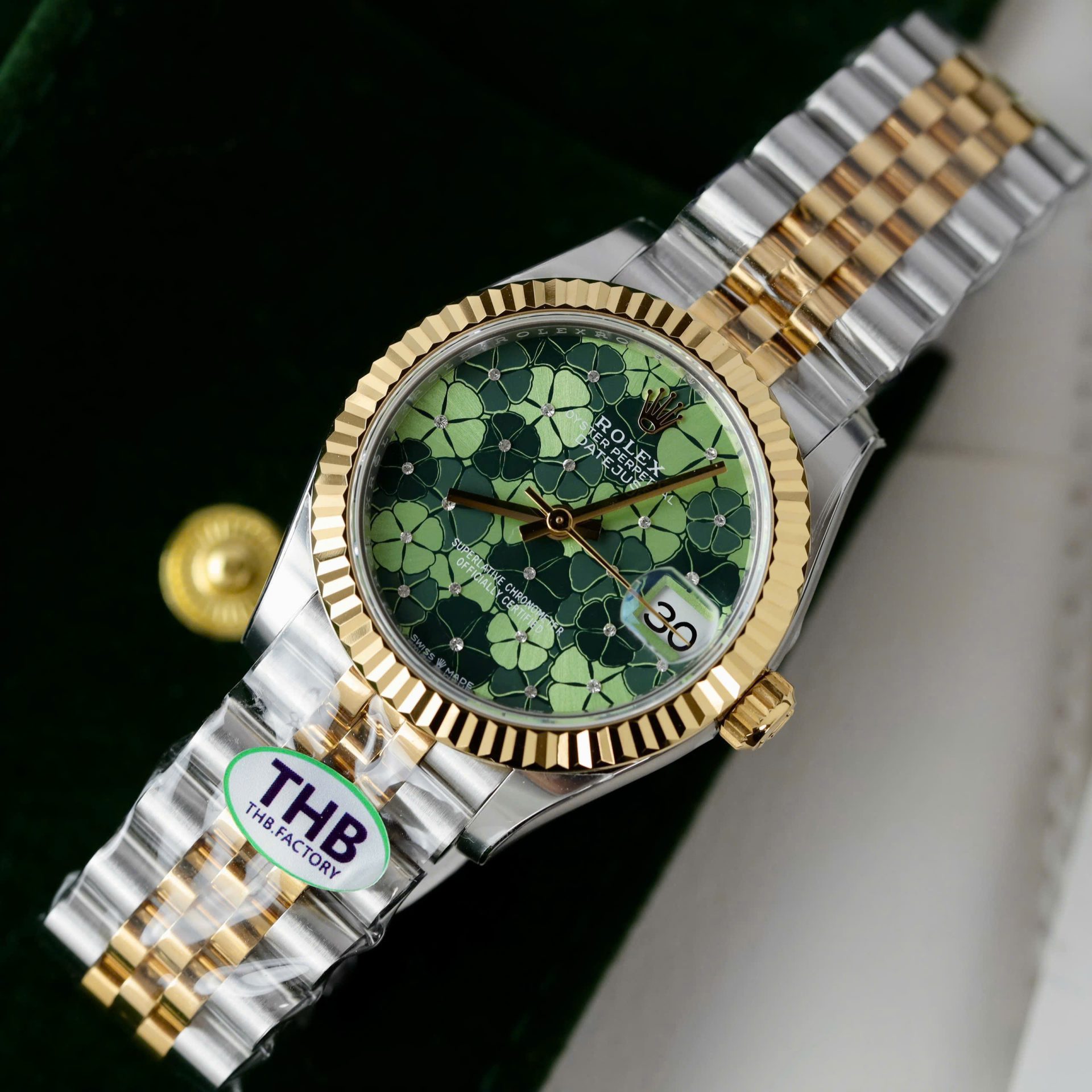 Rolex DateJust Replica Watch Women Green Flower Dial THB Factory 31mm