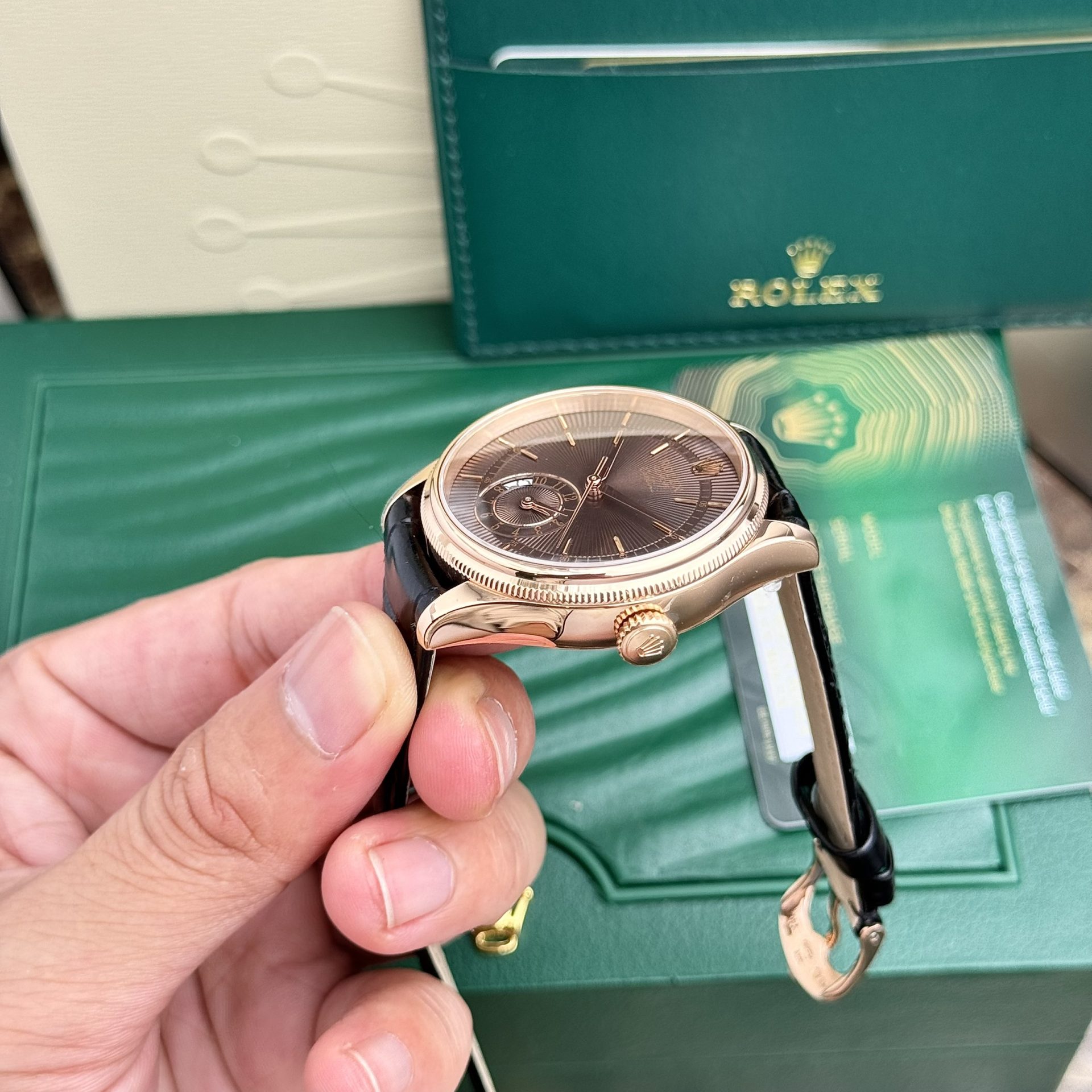 Rolex Replica Watch Cellini 50525 Chocolate Dial Leather Strap 39mm