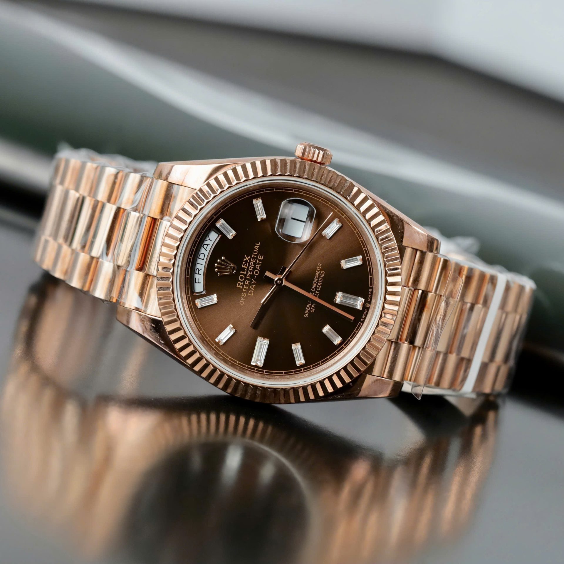 Rolex Day-Date Chocolate Dial Copies Watches Gold Wrapped + Moissanite Dial Markers Custom 40mm
