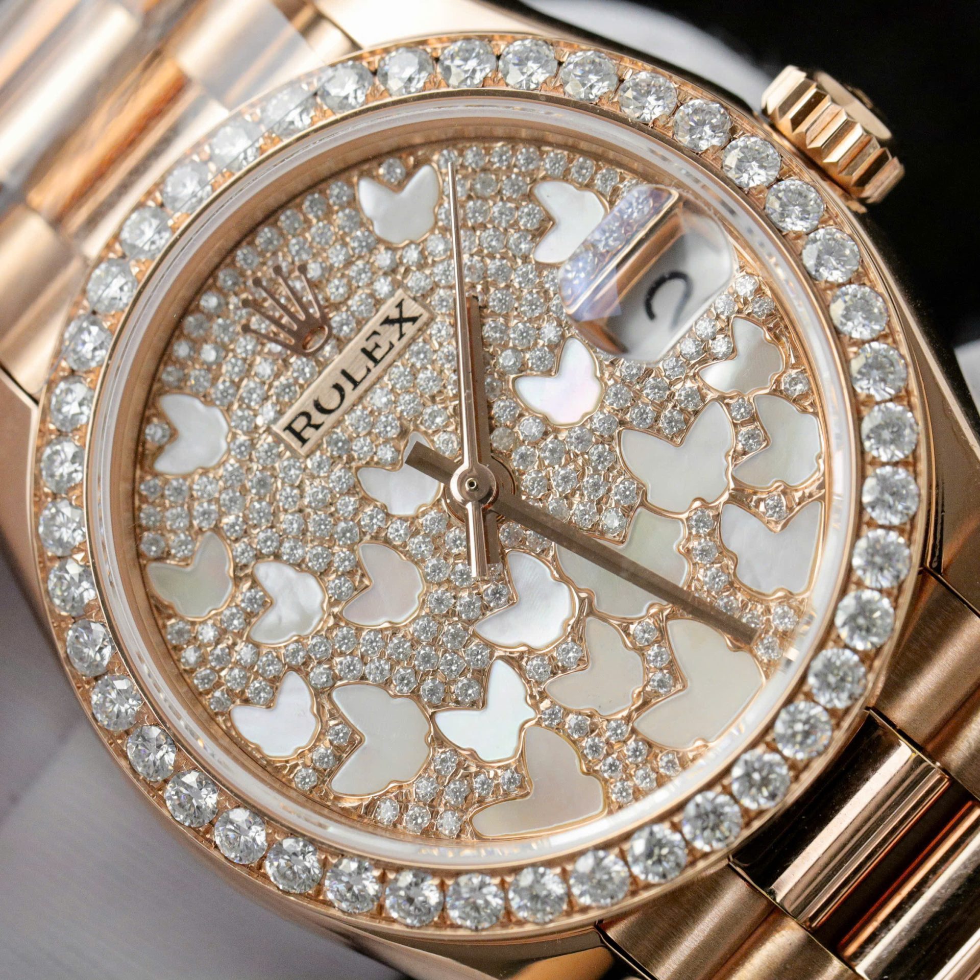 Rolex DateJust Butterfly Dial Copies Watches Rose Gold Wrapped 18K + Diamonds Moissanite 31mm