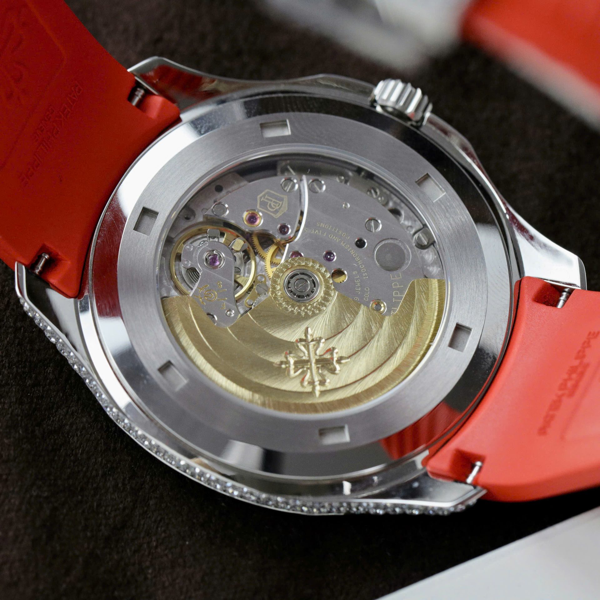 Patek Philippe Aquanaut 5167 Rep 11 Watch Custom Moissanite Diamonds Red Rubber Strap 40mm