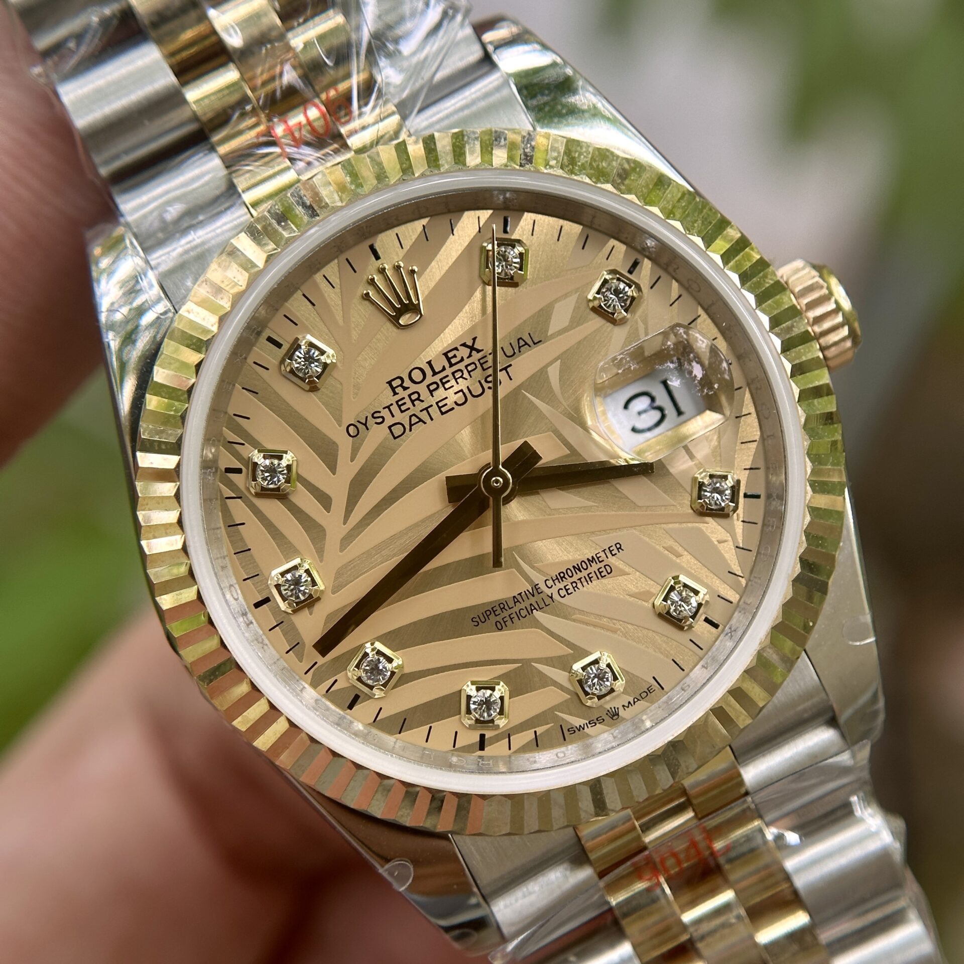 Rolex DateJust 18K Gold Wrapped Replica Watch Palm Leaf Dial GM 36mm