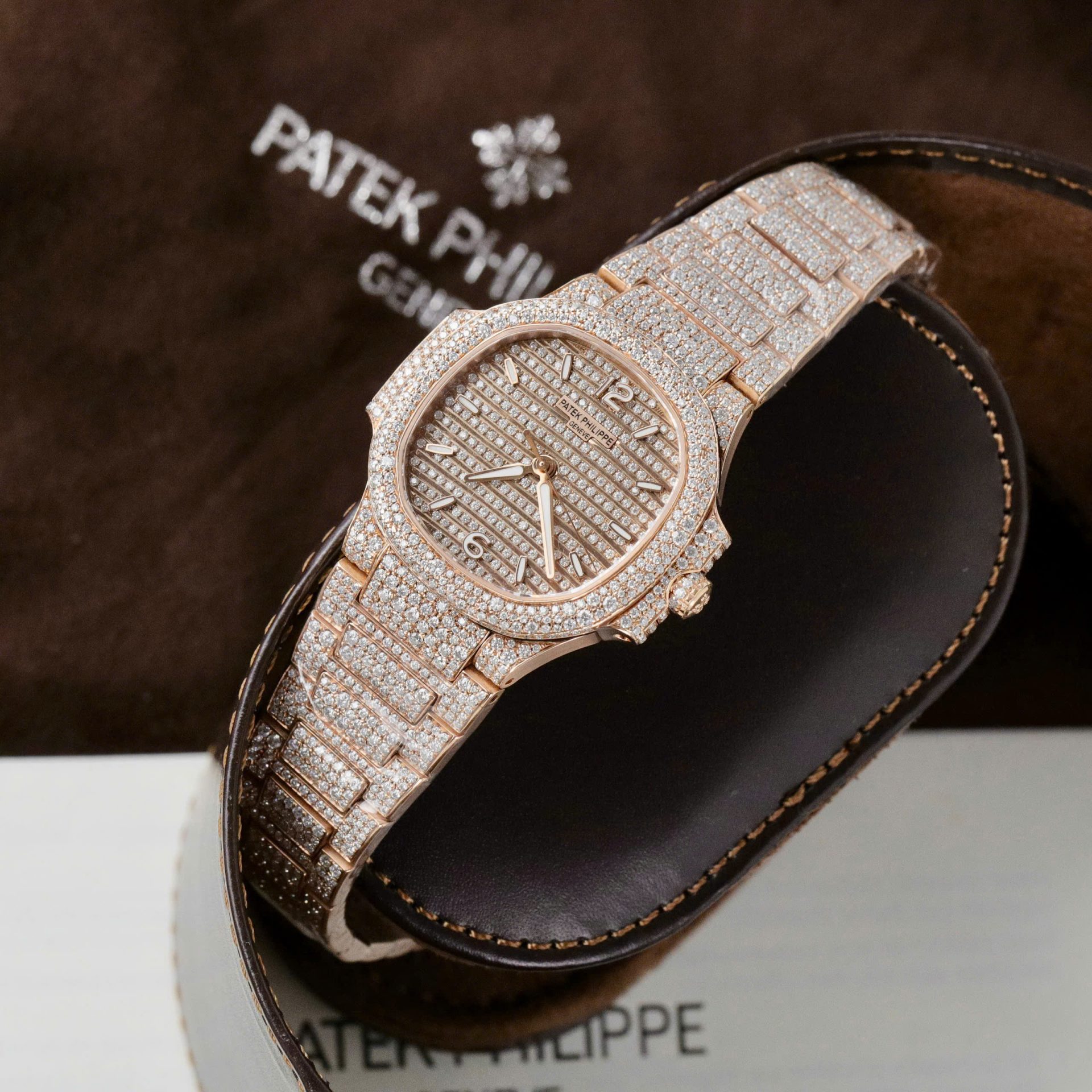 Patek Philippe Nautilus 7118 Replica Watch Gold Wrapped + Moissanite Diamonds Custom 35.2mm