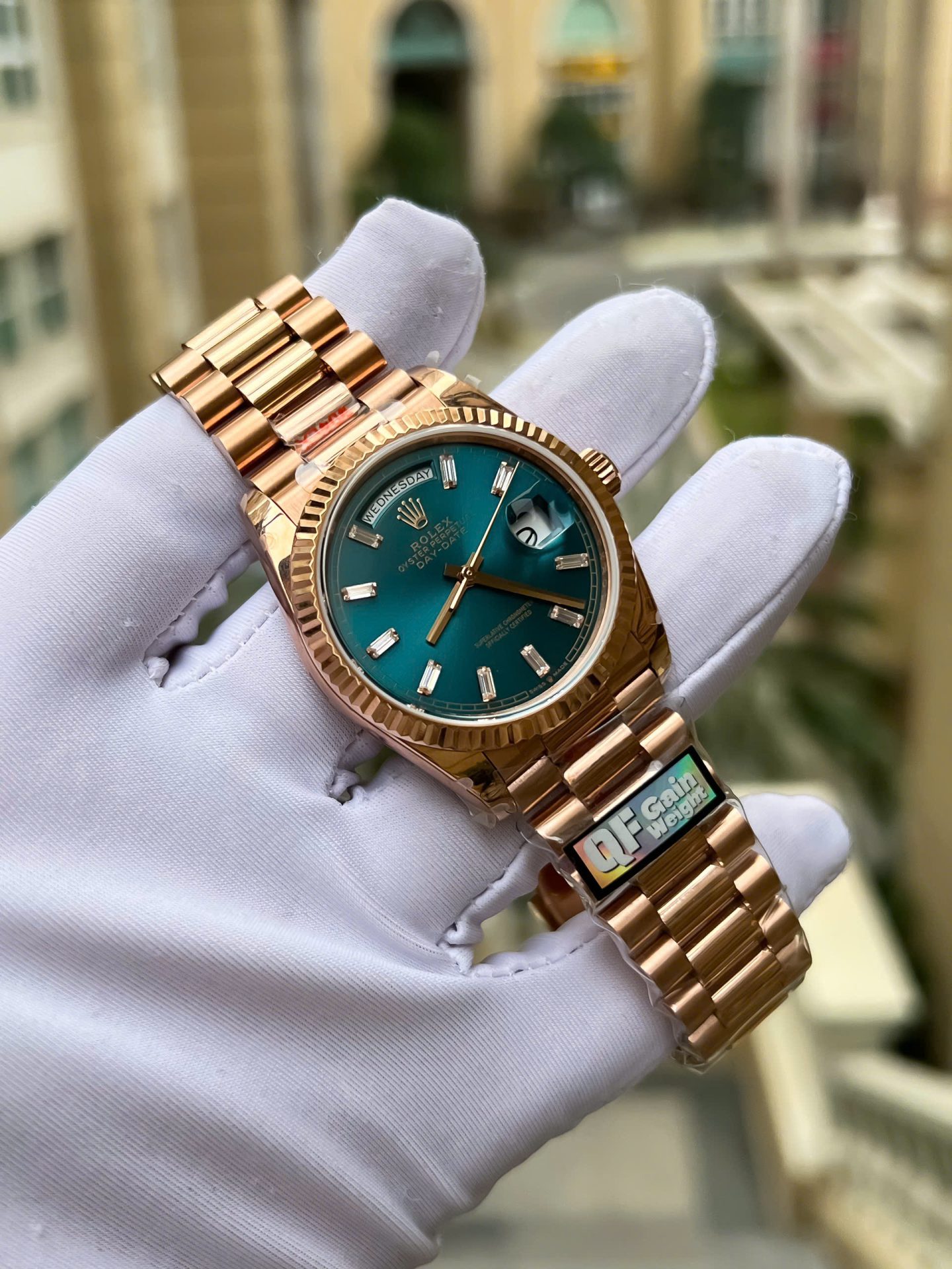 Rolex Day-Date 128235 Replica Watch Dial Diamonds Moissanite Weight 158gram QF 36mm