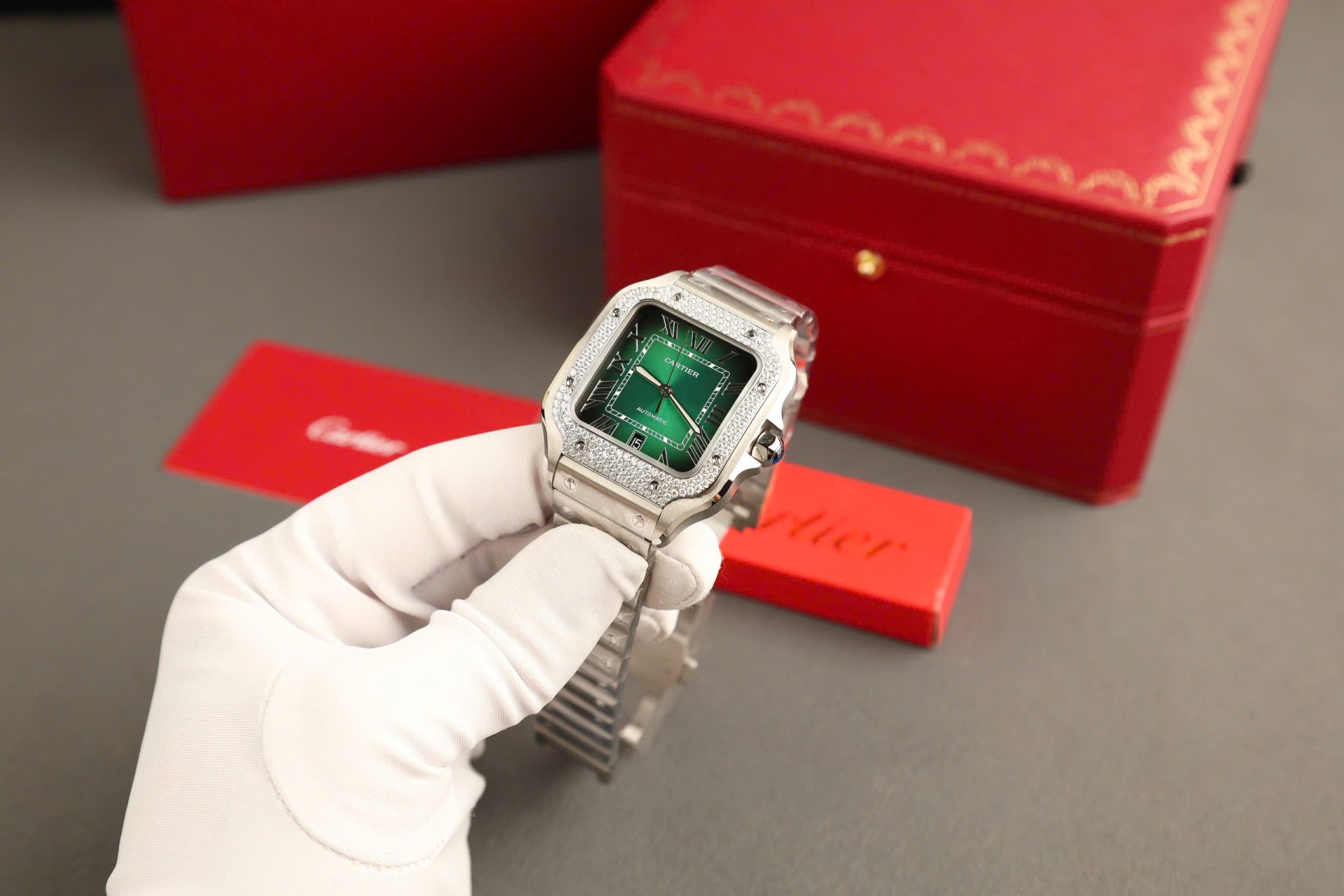 Cartier Santos Green Copies Watch Custom Diamonds Moissanite BV Factory 39.8mm