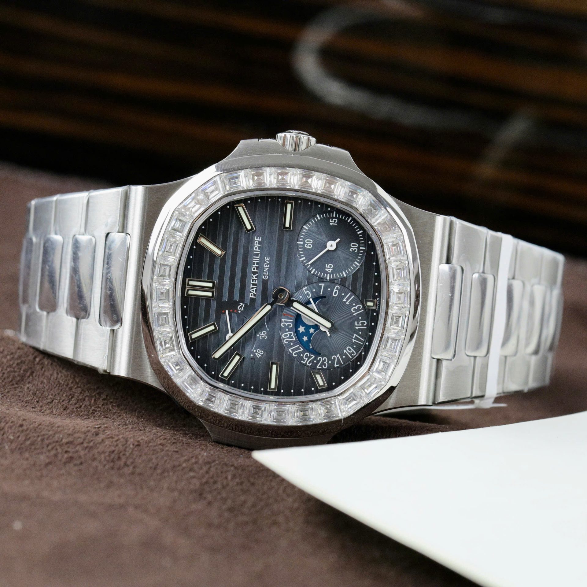 Patek Philippe Nautilus 5724G Refined Dial Copies Watch Custom Diamonds Moissanite Baguette 40mm